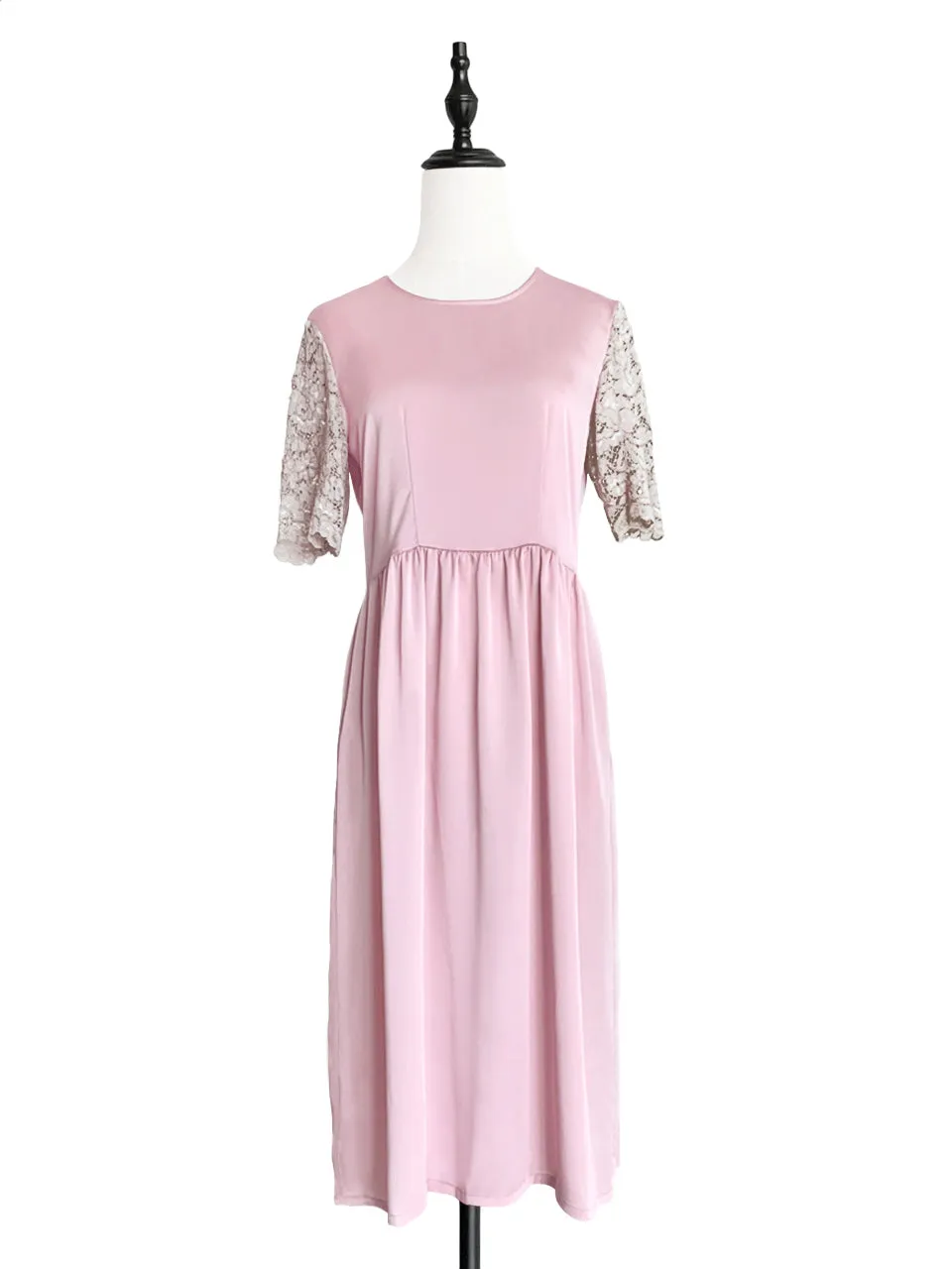 SPECIAL! Light Pink Lace Sleeves Contrast Satin Midi Dress