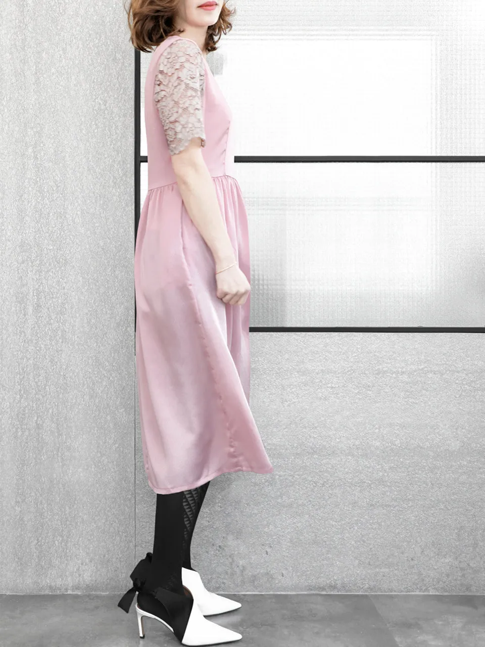 SPECIAL! Light Pink Lace Sleeves Contrast Satin Midi Dress