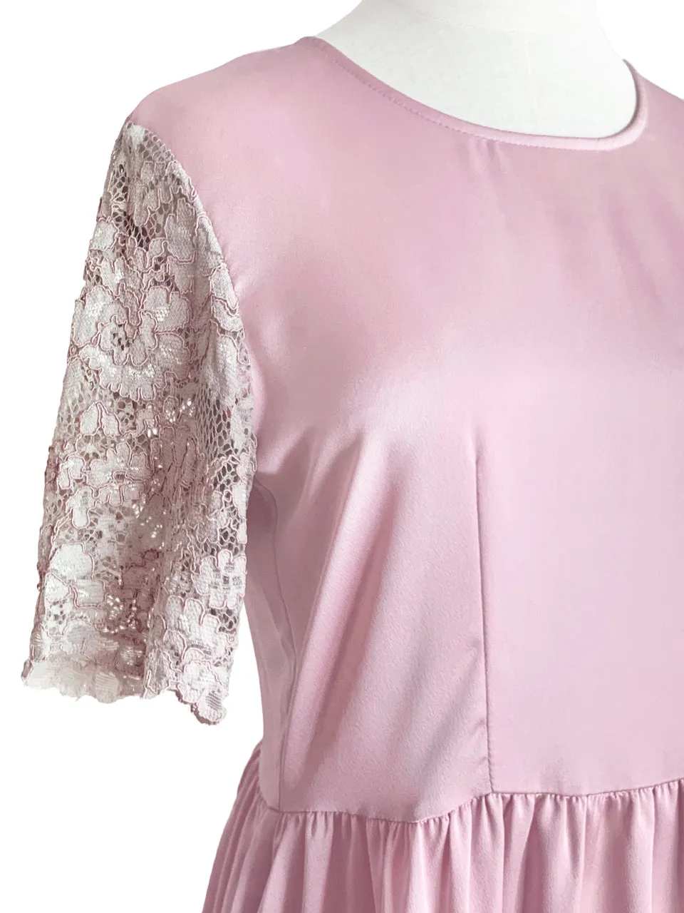 SPECIAL! Light Pink Lace Sleeves Contrast Satin Midi Dress