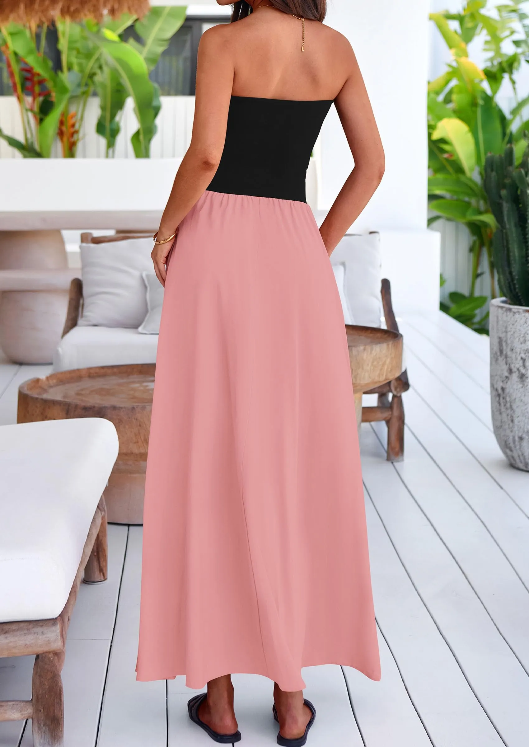 Strapless Patchwork Long Flowy Elegant Tube Top Maxi Dresses with Pockets