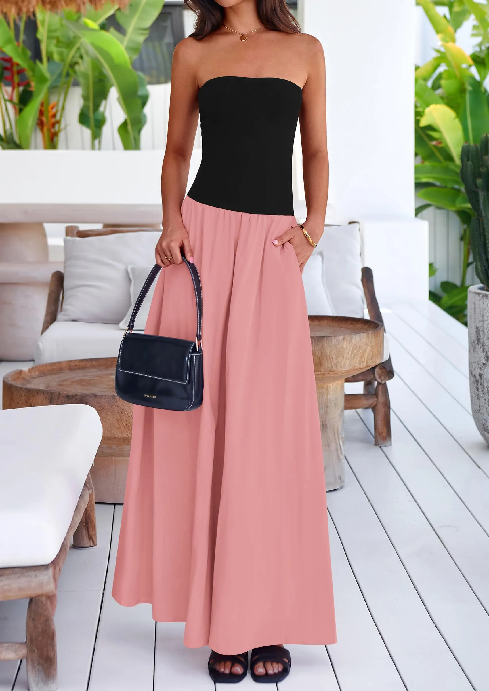Strapless Patchwork Long Flowy Elegant Tube Top Maxi Dresses with Pockets