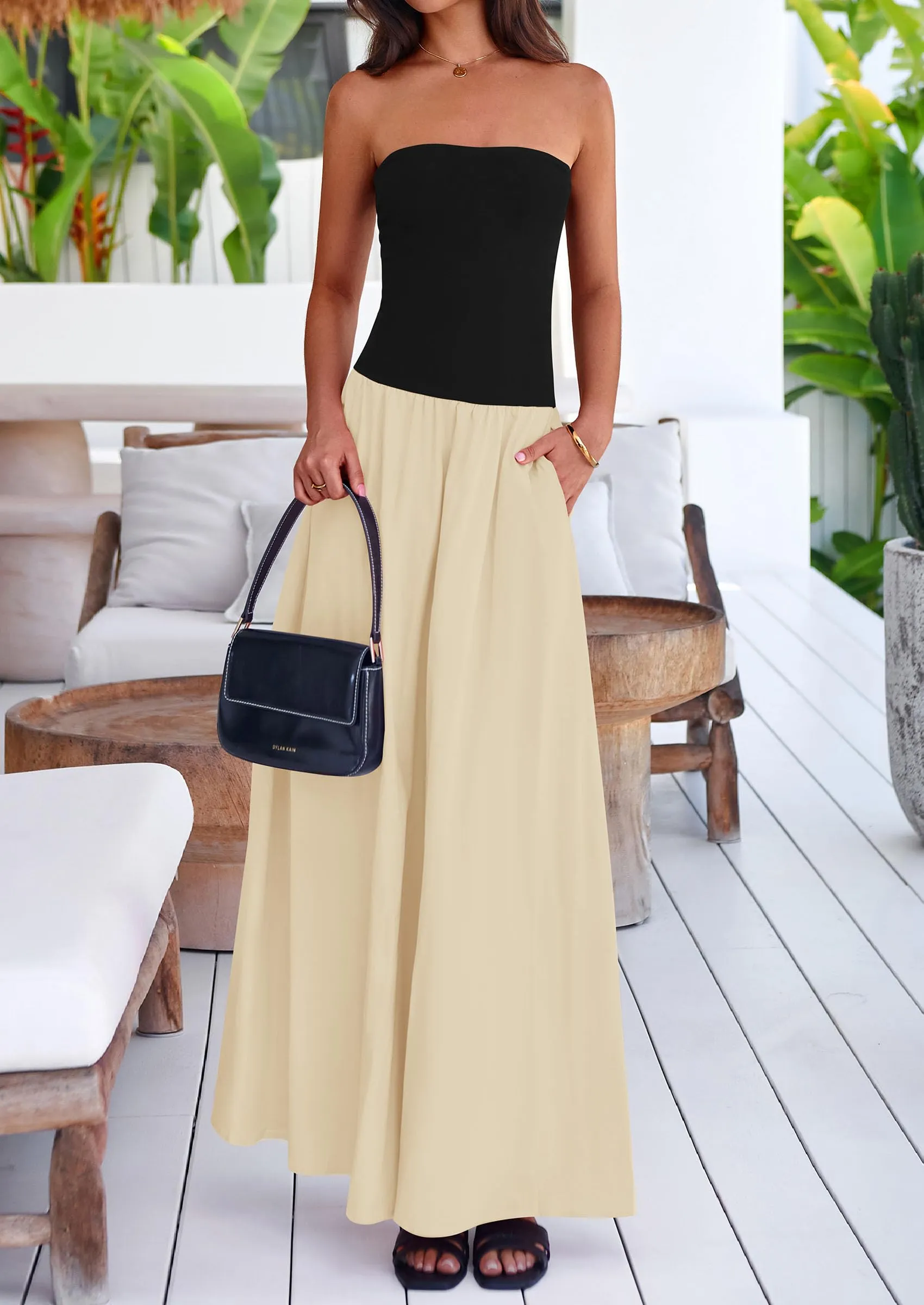 Strapless Patchwork Long Flowy Elegant Tube Top Maxi Dresses with Pockets