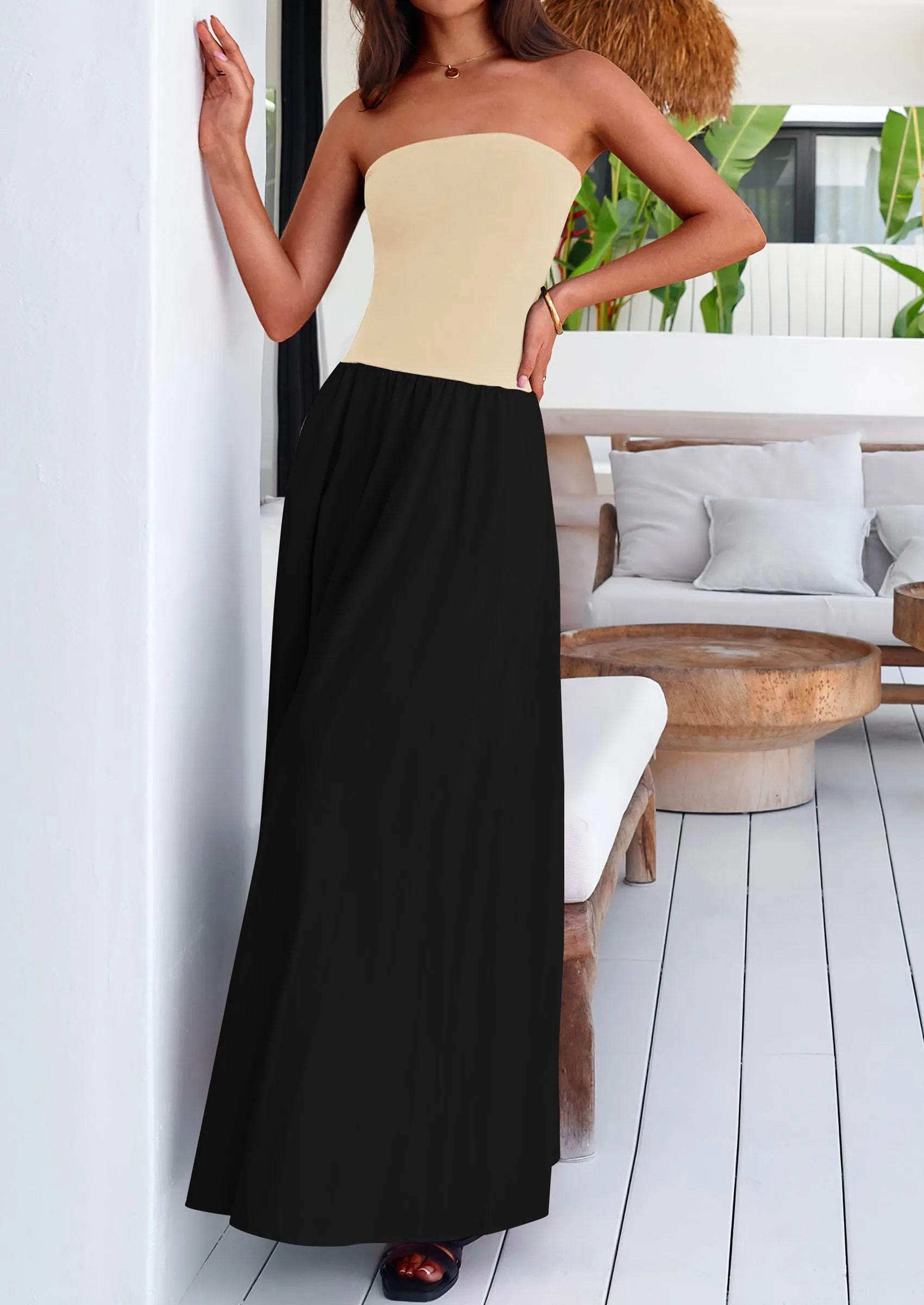 Strapless Patchwork Long Flowy Elegant Tube Top Maxi Dresses with Pockets