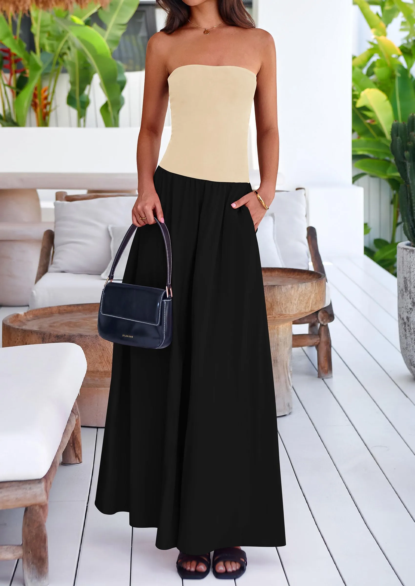 Strapless Patchwork Long Flowy Elegant Tube Top Maxi Dresses with Pockets