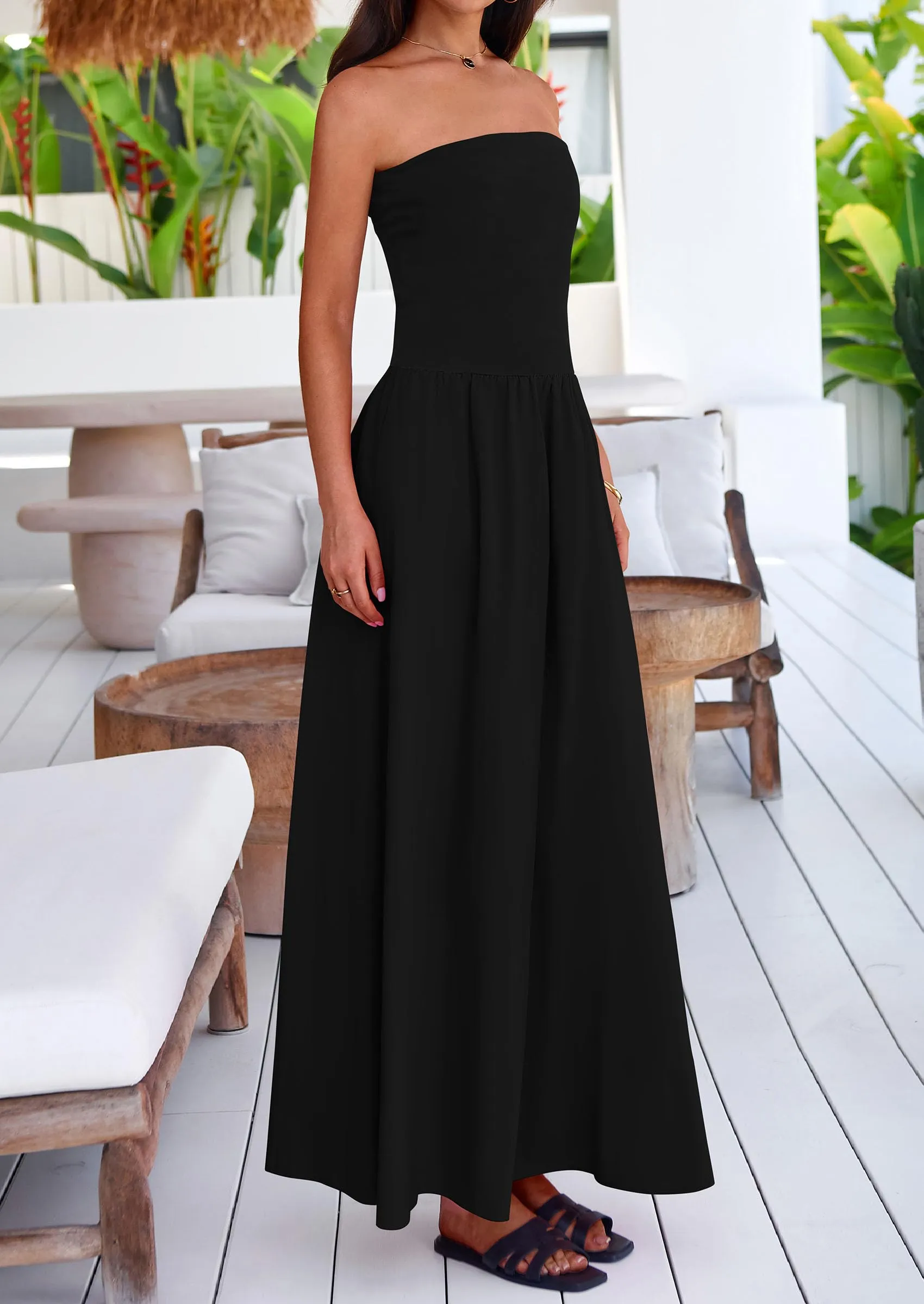 Strapless Patchwork Long Flowy Elegant Tube Top Maxi Dresses with Pockets