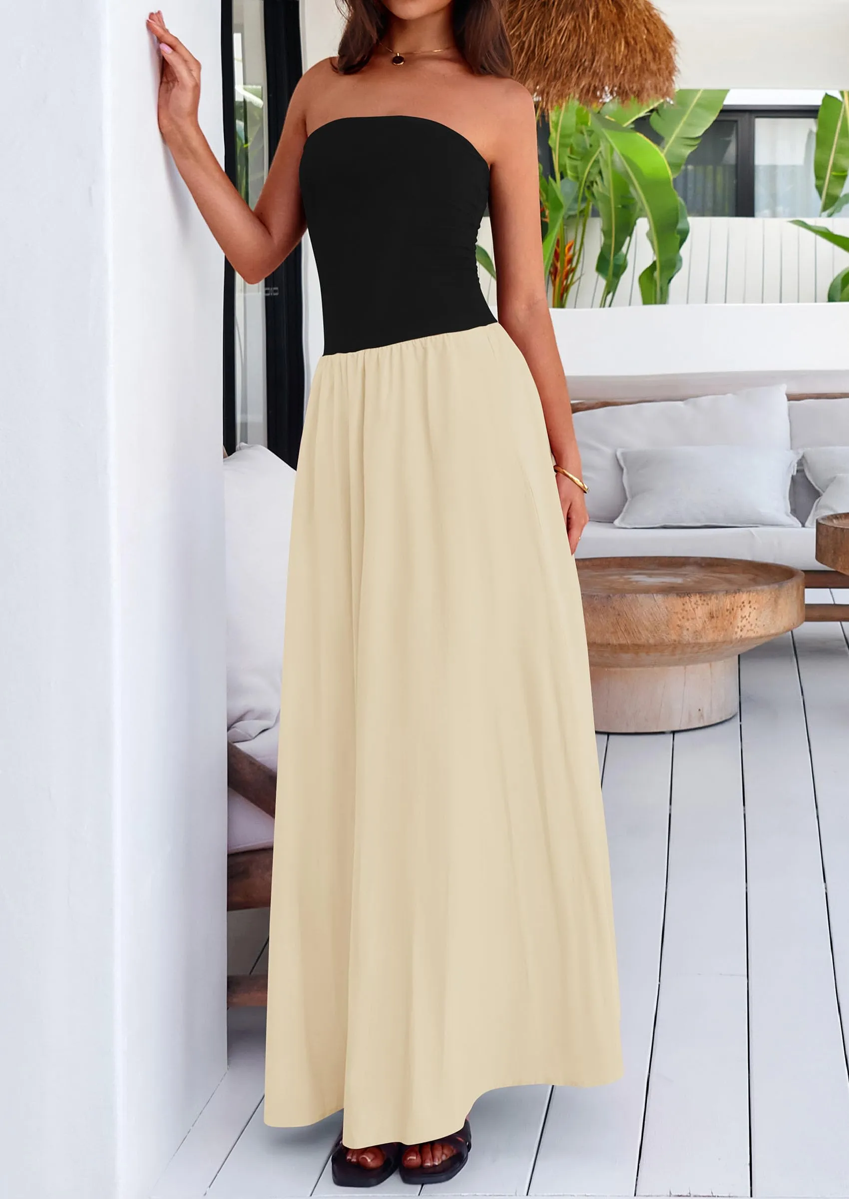 Strapless Patchwork Long Flowy Elegant Tube Top Maxi Dresses with Pockets