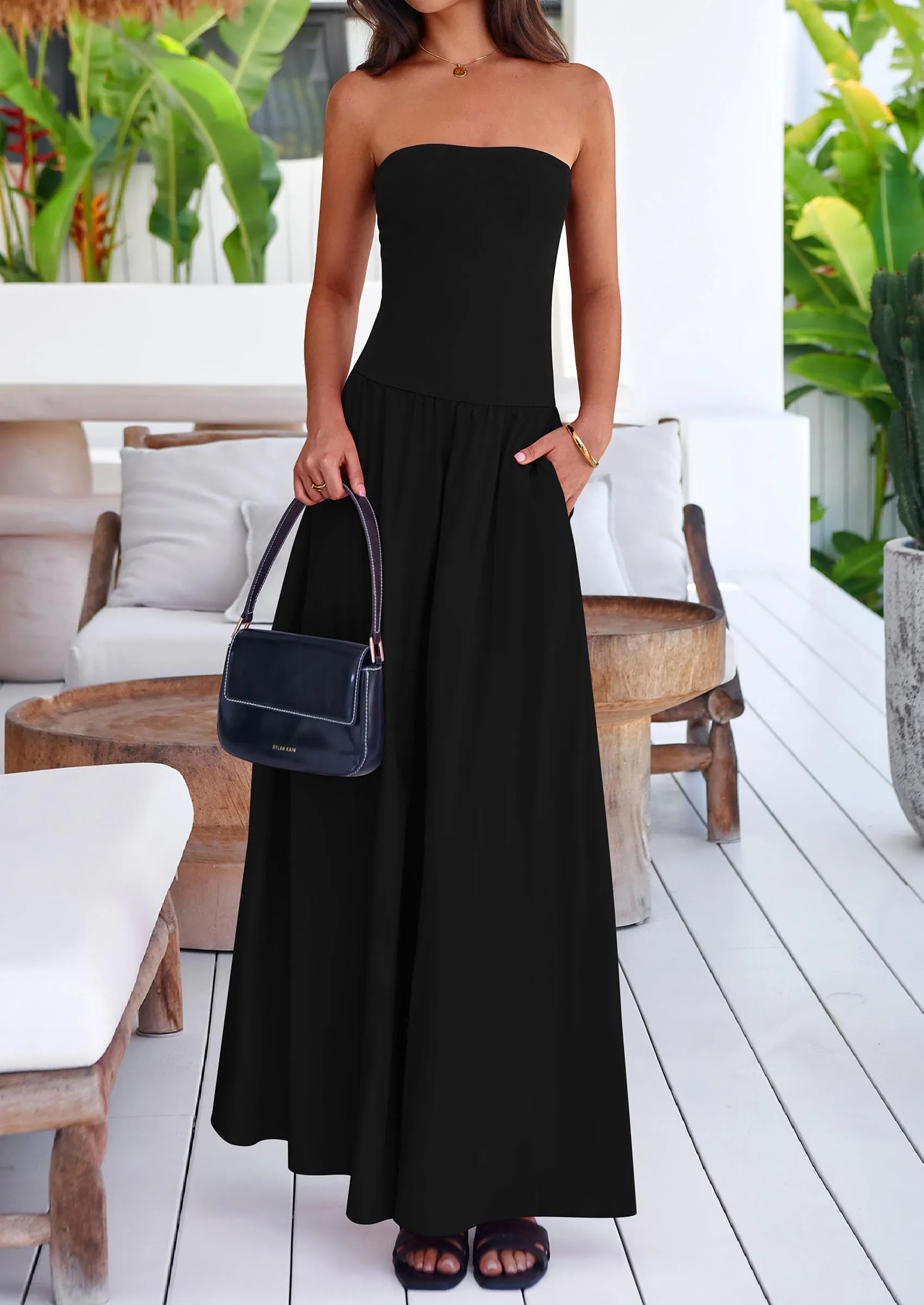 Strapless Patchwork Long Flowy Elegant Tube Top Maxi Dresses with Pockets