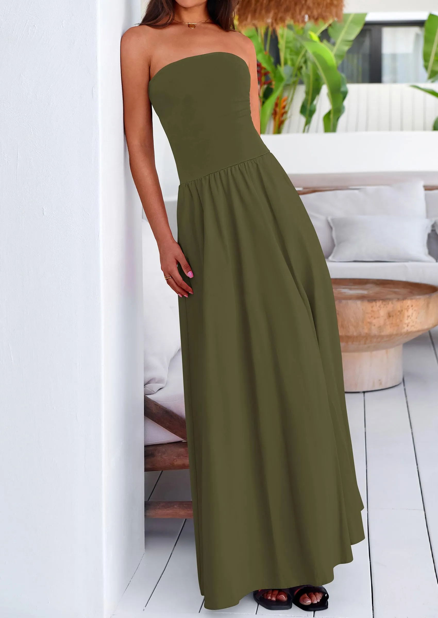 Strapless Patchwork Long Flowy Elegant Tube Top Maxi Dresses with Pockets
