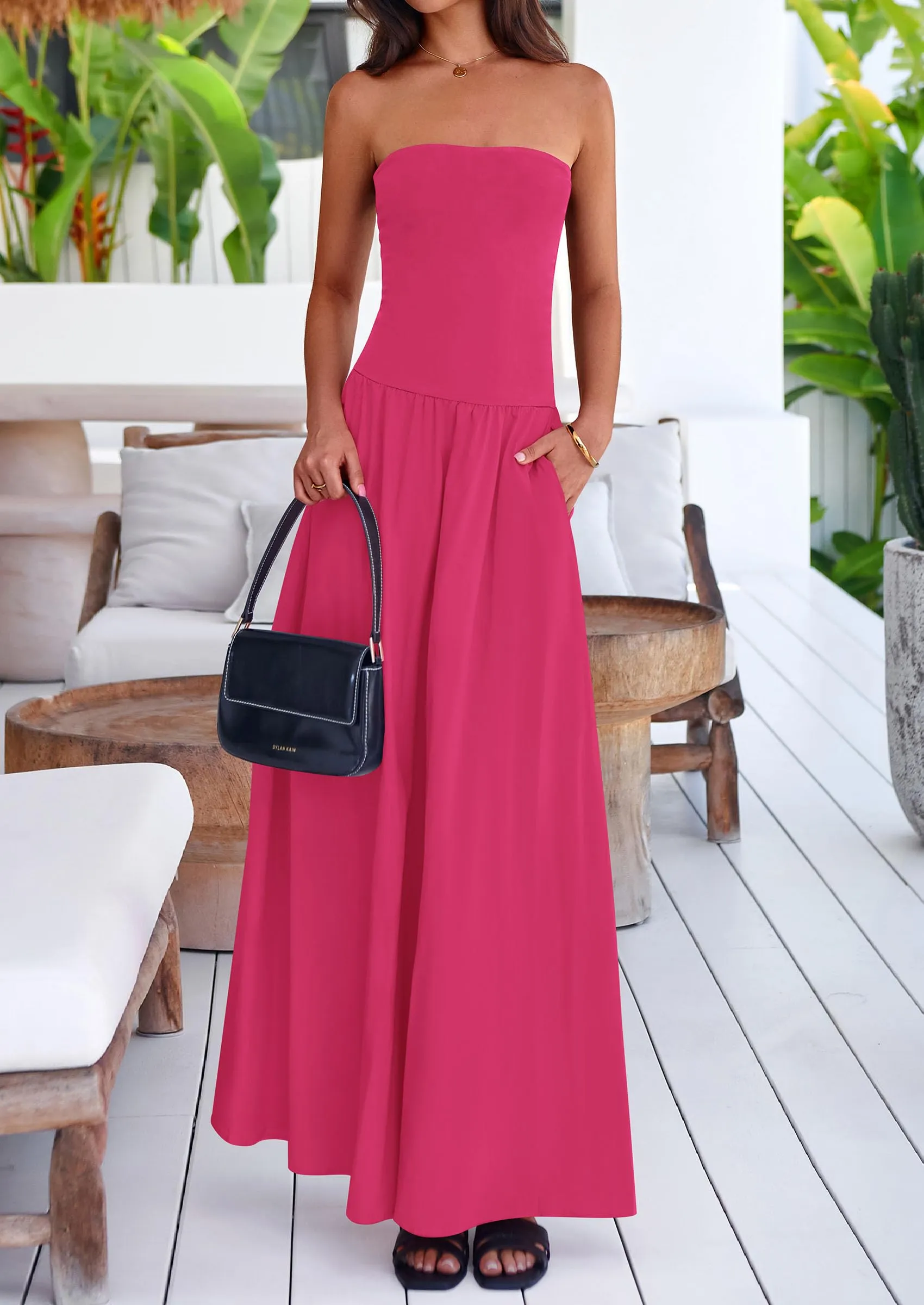 Strapless Patchwork Long Flowy Elegant Tube Top Maxi Dresses with Pockets