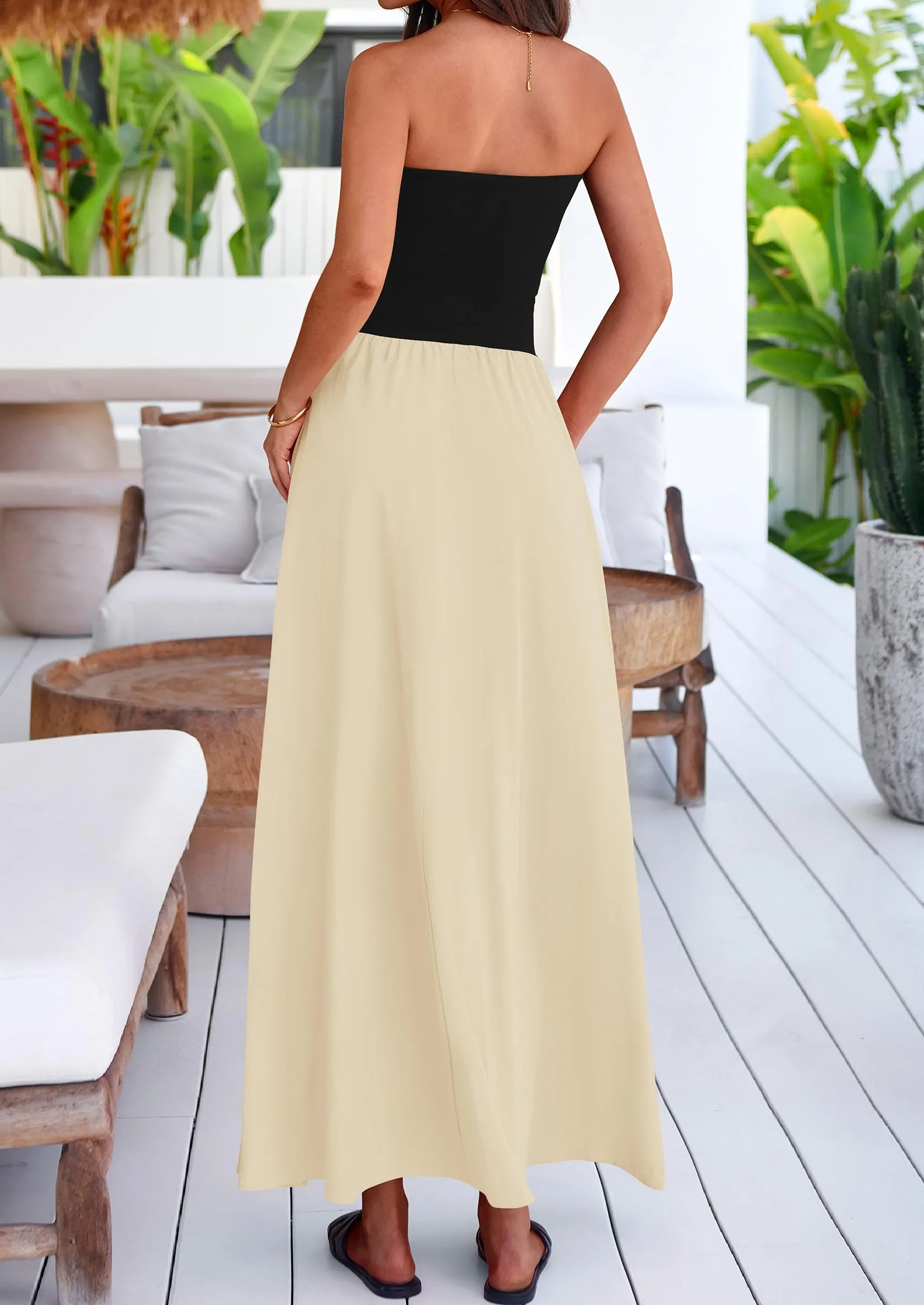 Strapless Patchwork Long Flowy Elegant Tube Top Maxi Dresses with Pockets