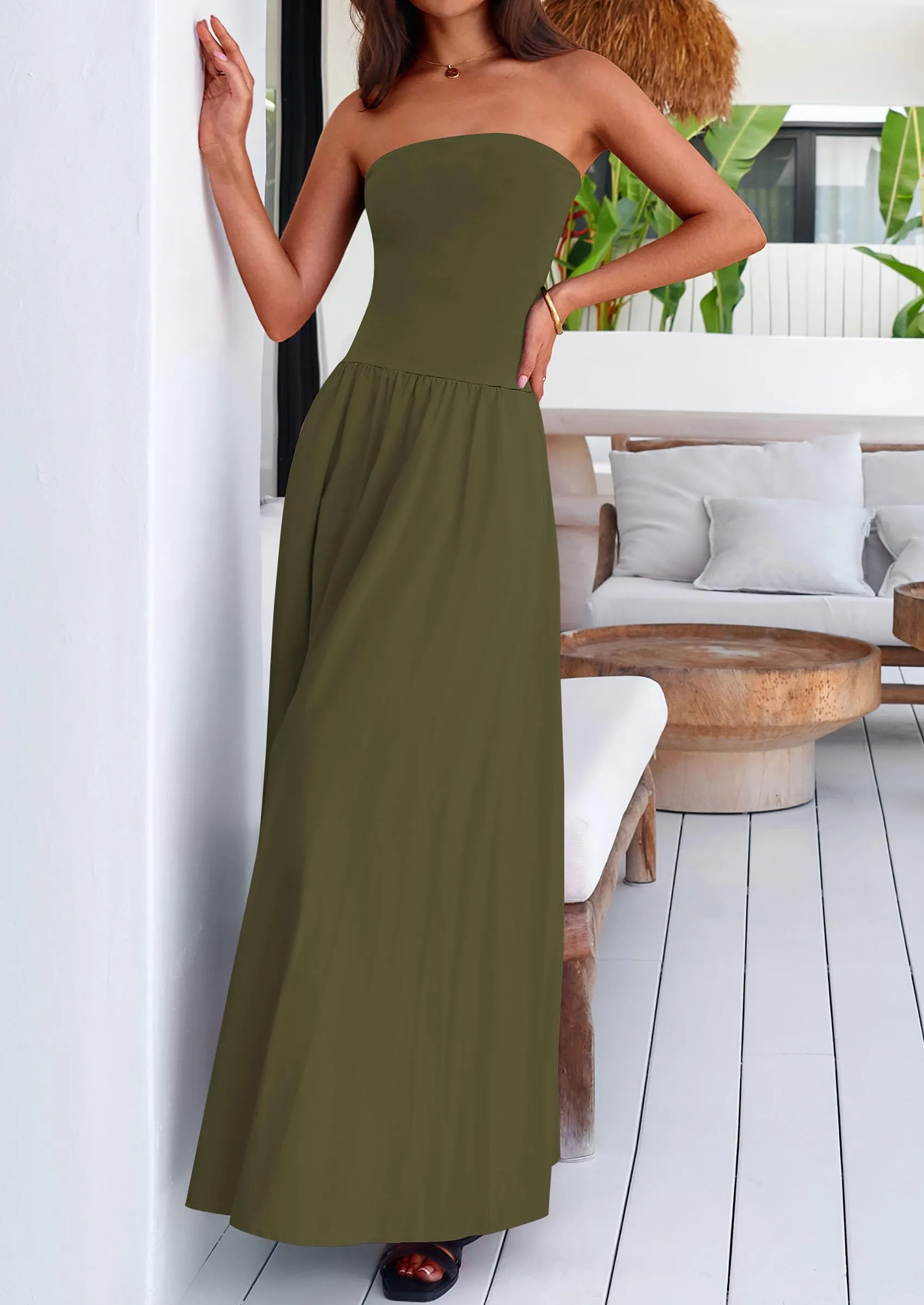 Strapless Patchwork Long Flowy Elegant Tube Top Maxi Dresses with Pockets