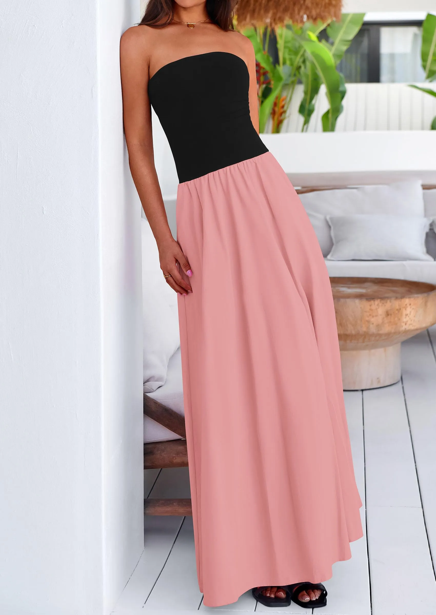 Strapless Patchwork Long Flowy Elegant Tube Top Maxi Dresses with Pockets