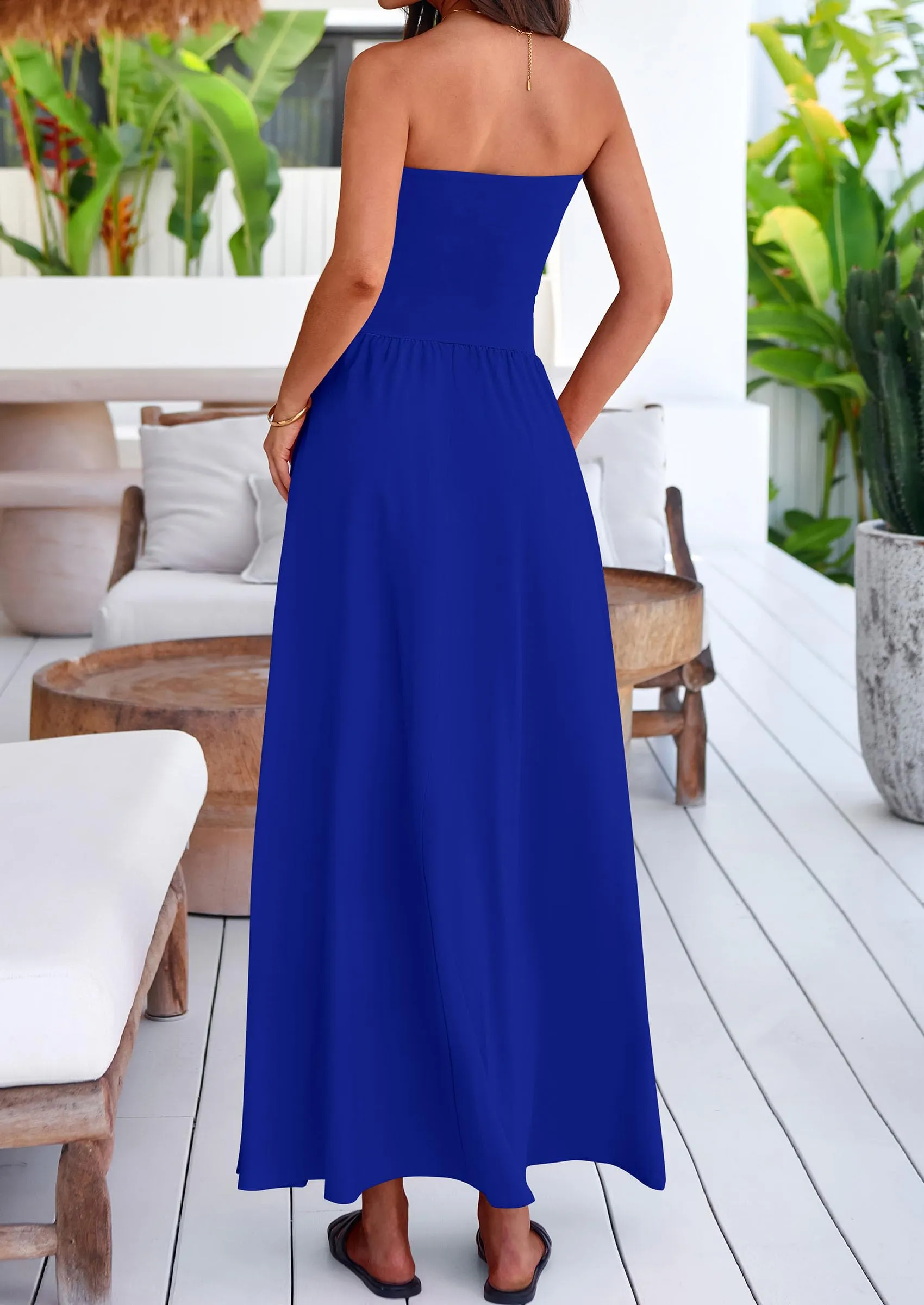 Strapless Patchwork Long Flowy Elegant Tube Top Maxi Dresses with Pockets
