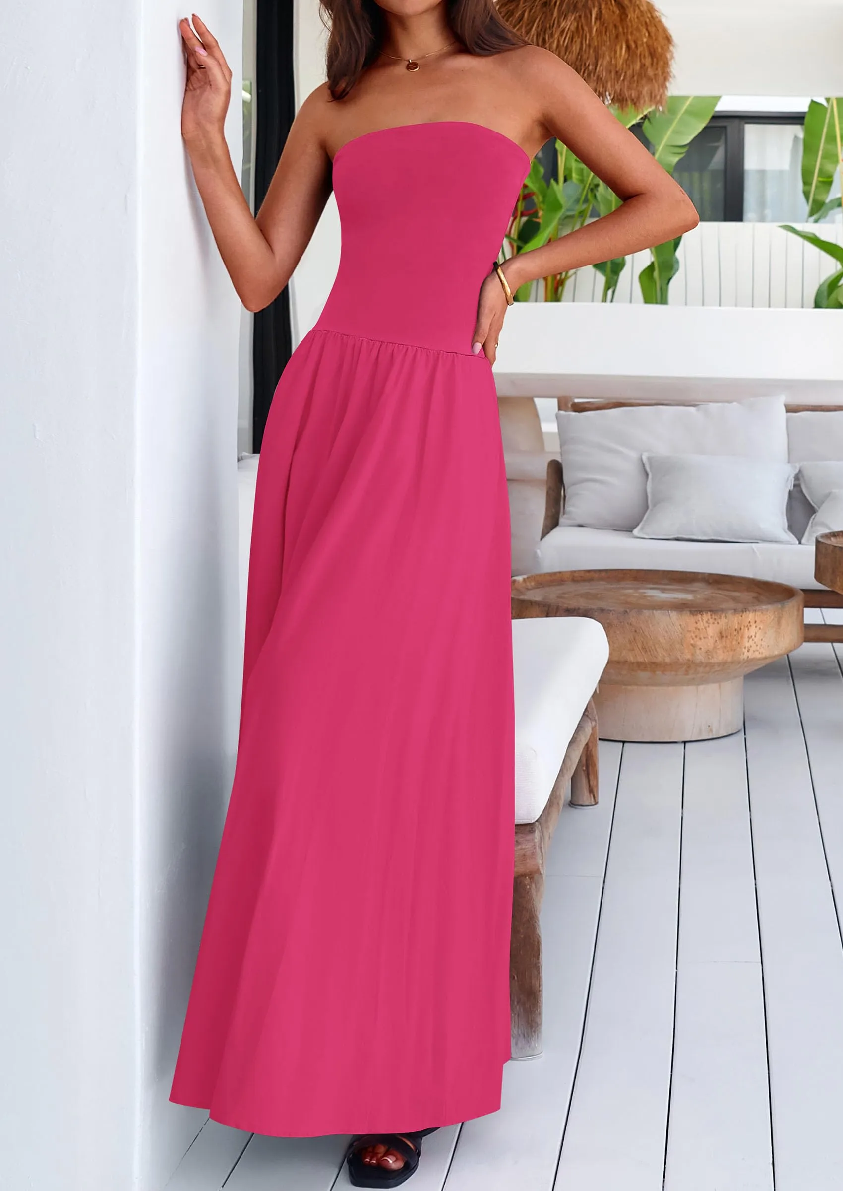 Strapless Patchwork Long Flowy Elegant Tube Top Maxi Dresses with Pockets
