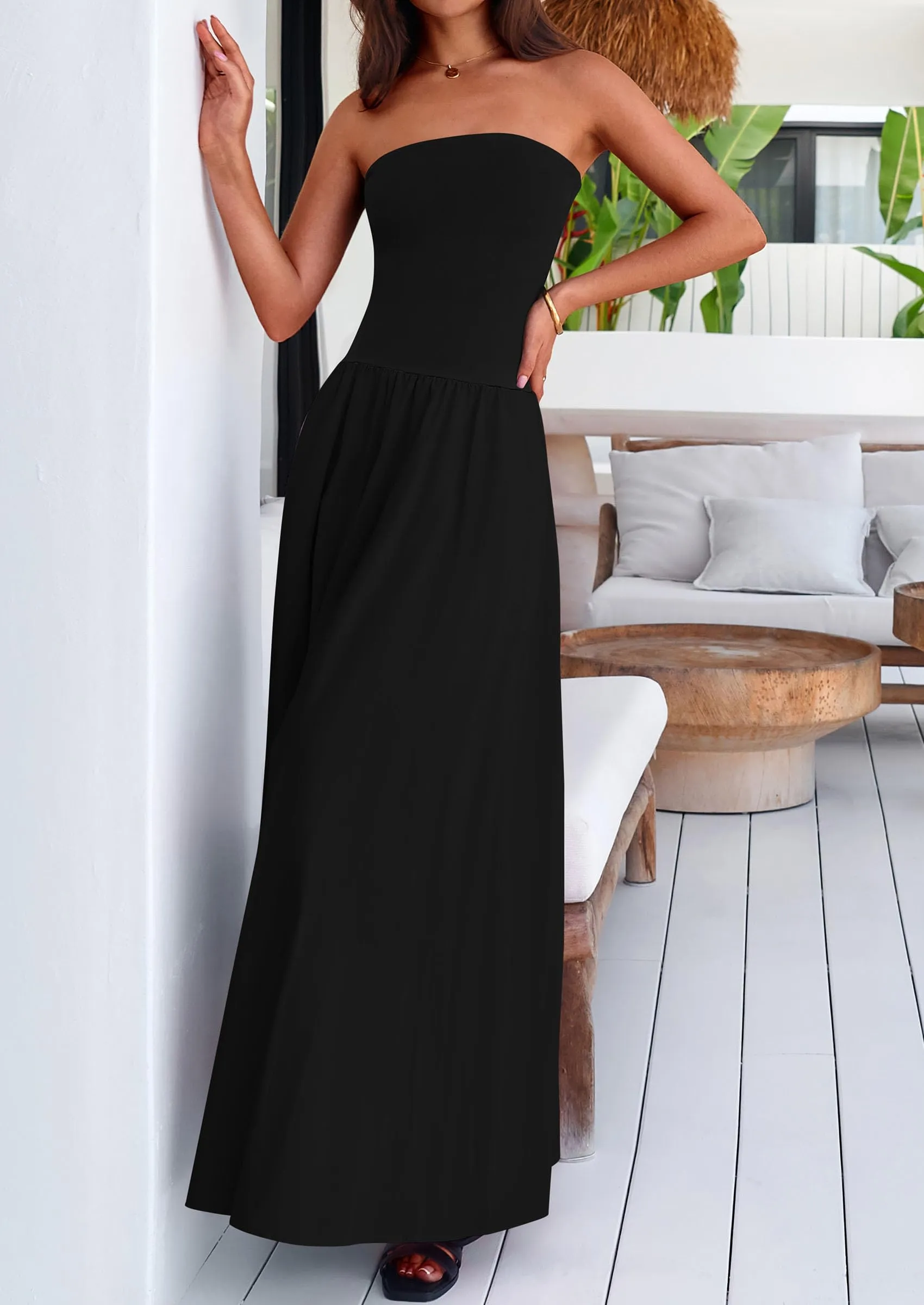 Strapless Patchwork Long Flowy Elegant Tube Top Maxi Dresses with Pockets