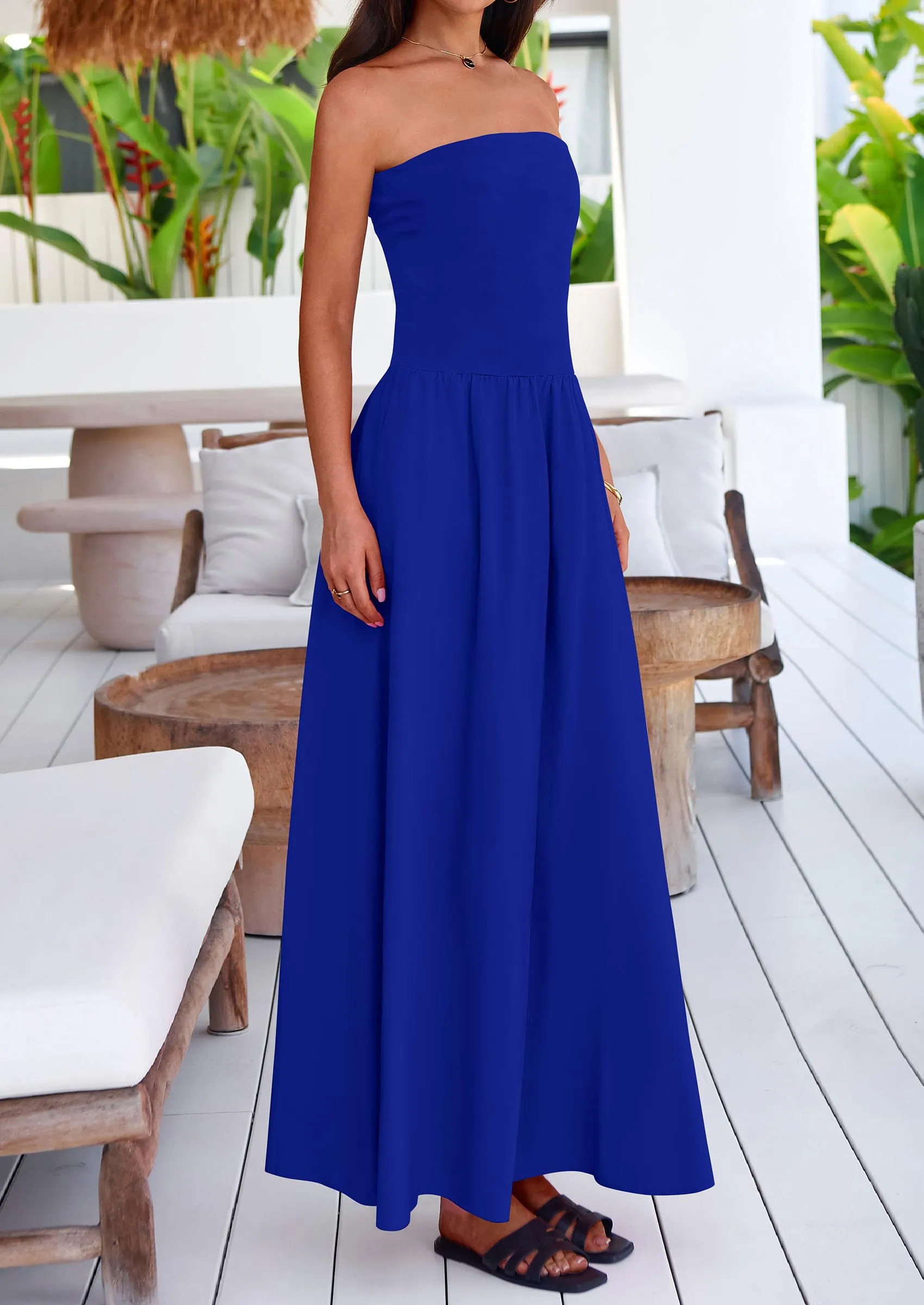 Strapless Patchwork Long Flowy Elegant Tube Top Maxi Dresses with Pockets