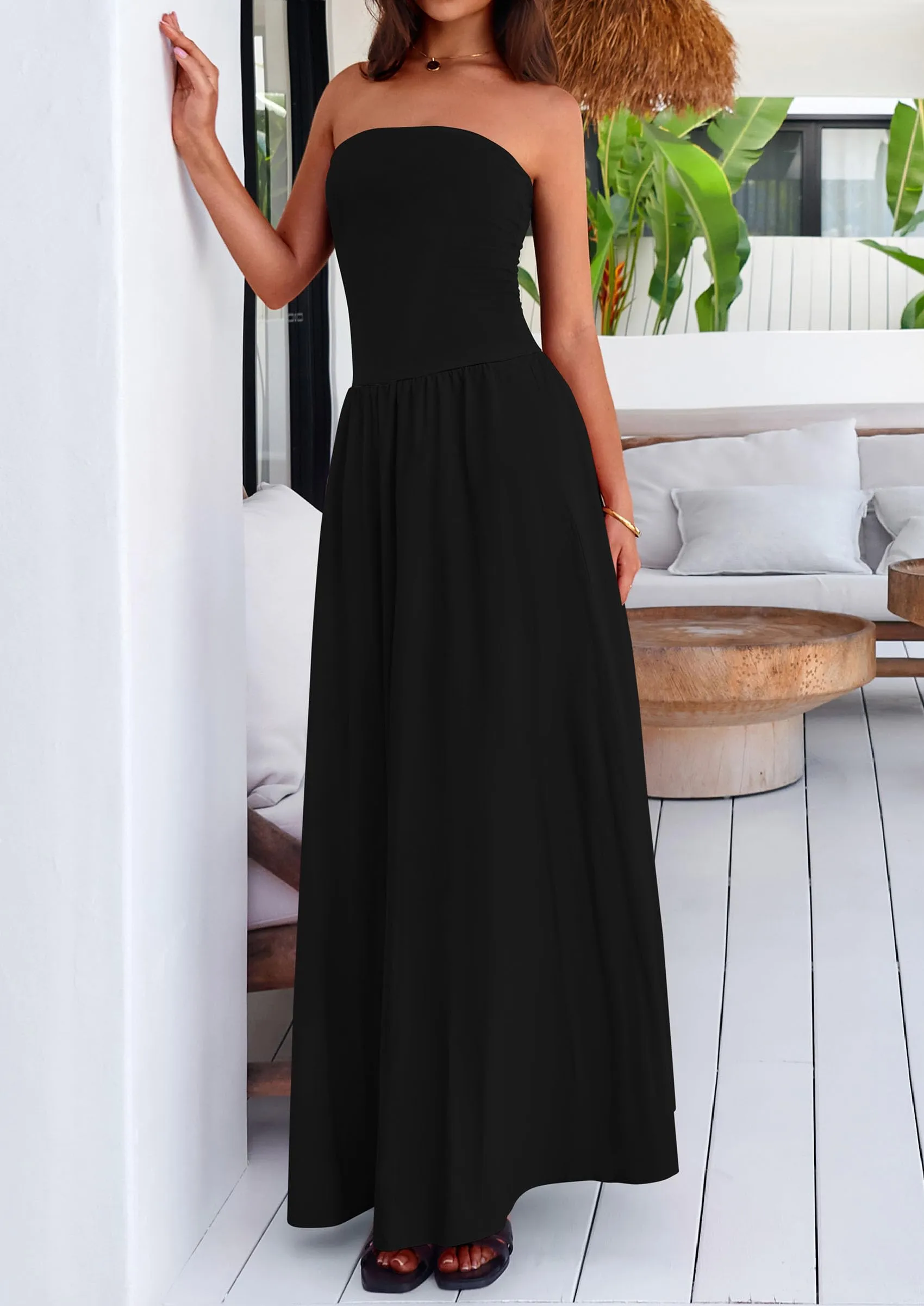 Strapless Patchwork Long Flowy Elegant Tube Top Maxi Dresses with Pockets