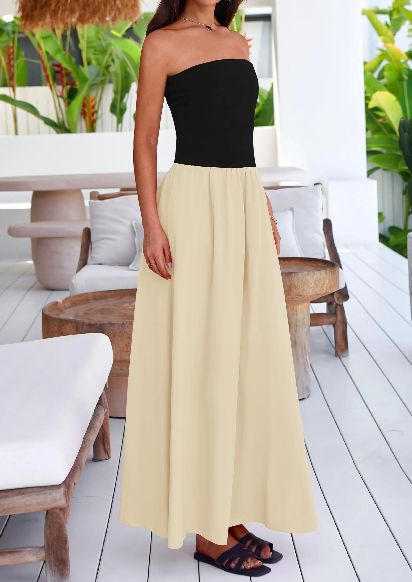 Strapless Patchwork Long Flowy Elegant Tube Top Maxi Dresses with Pockets