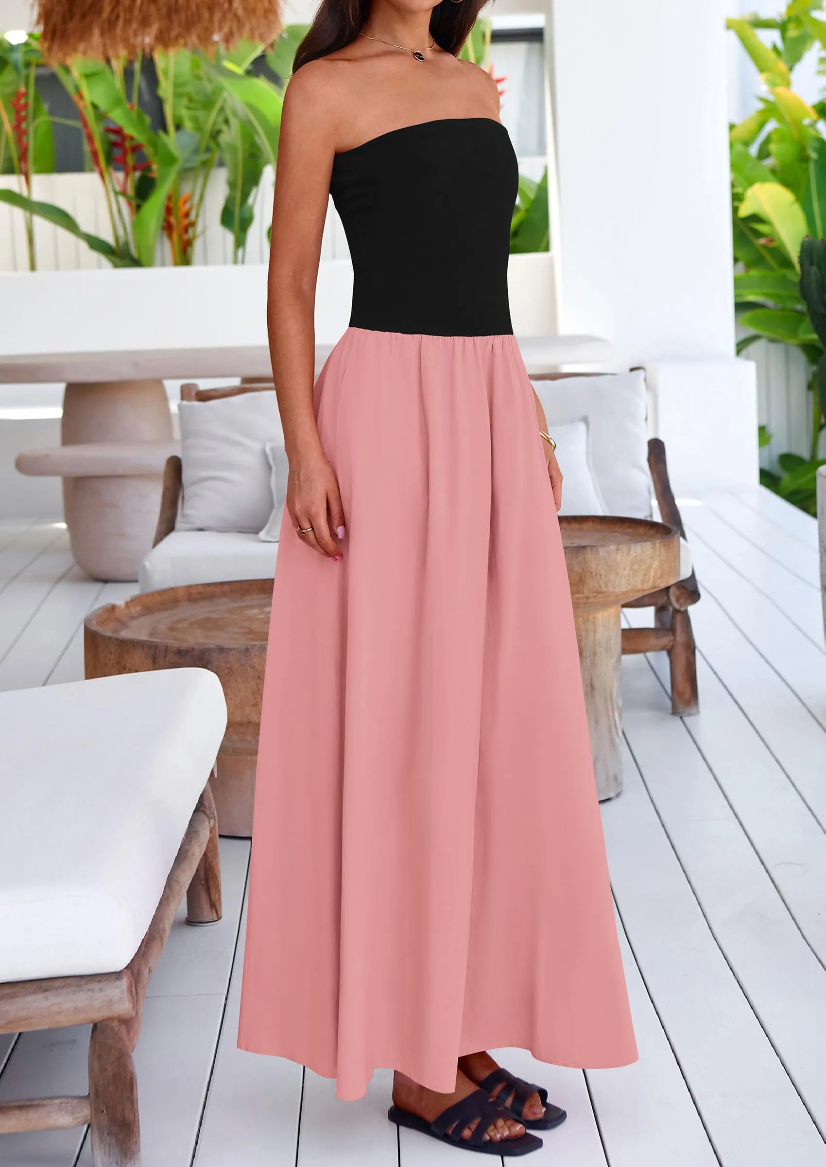 Strapless Patchwork Long Flowy Elegant Tube Top Maxi Dresses with Pockets