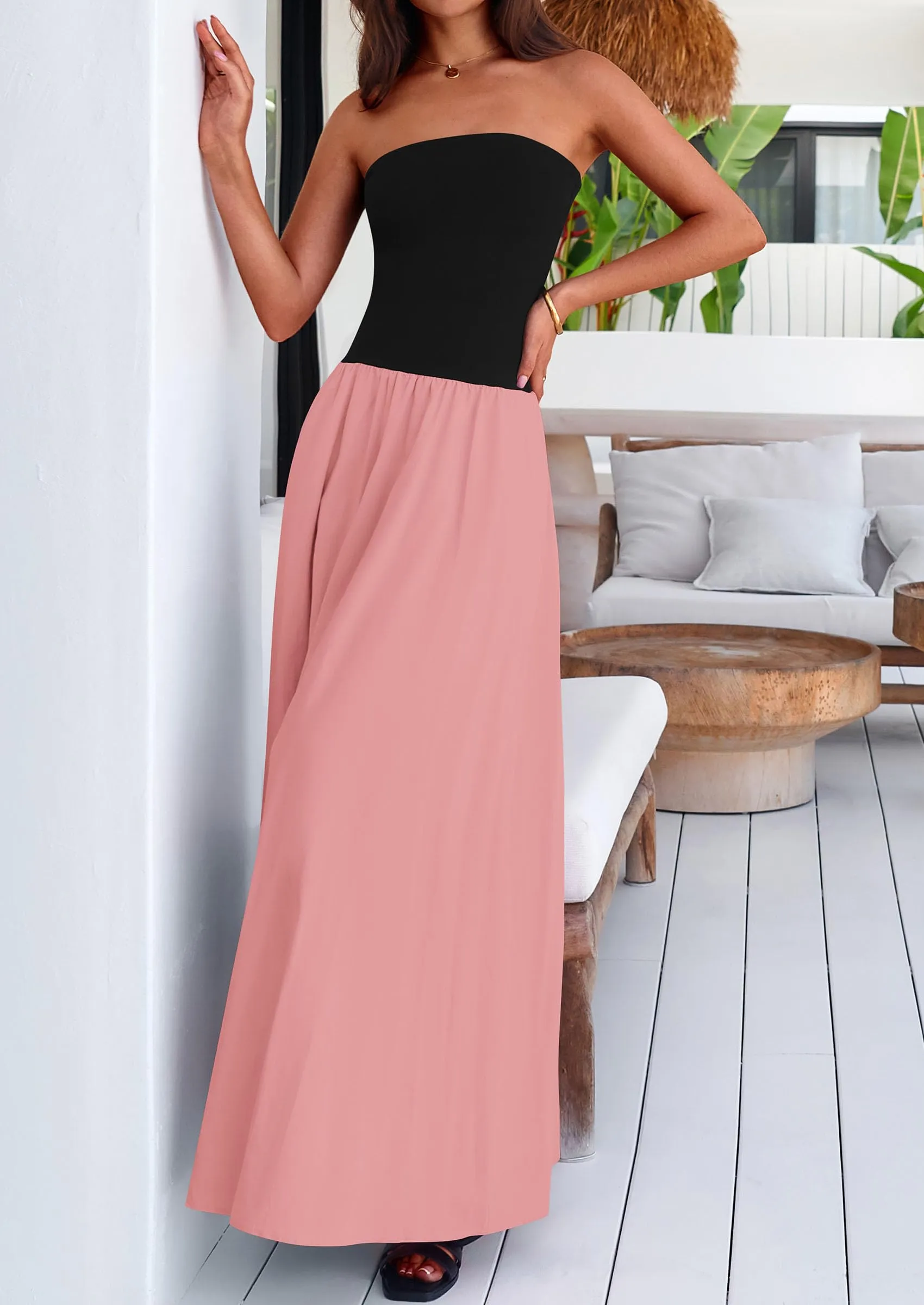 Strapless Patchwork Long Flowy Elegant Tube Top Maxi Dresses with Pockets