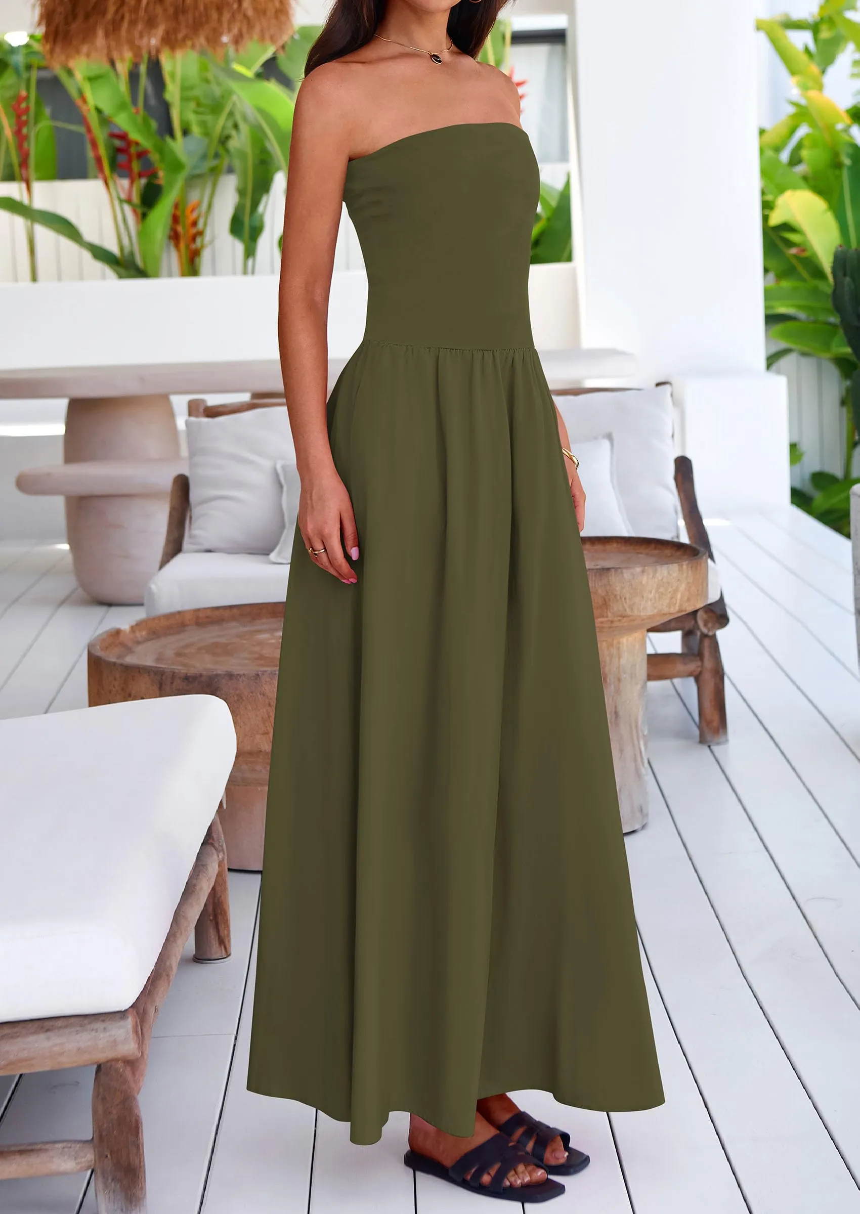 Strapless Patchwork Long Flowy Elegant Tube Top Maxi Dresses with Pockets