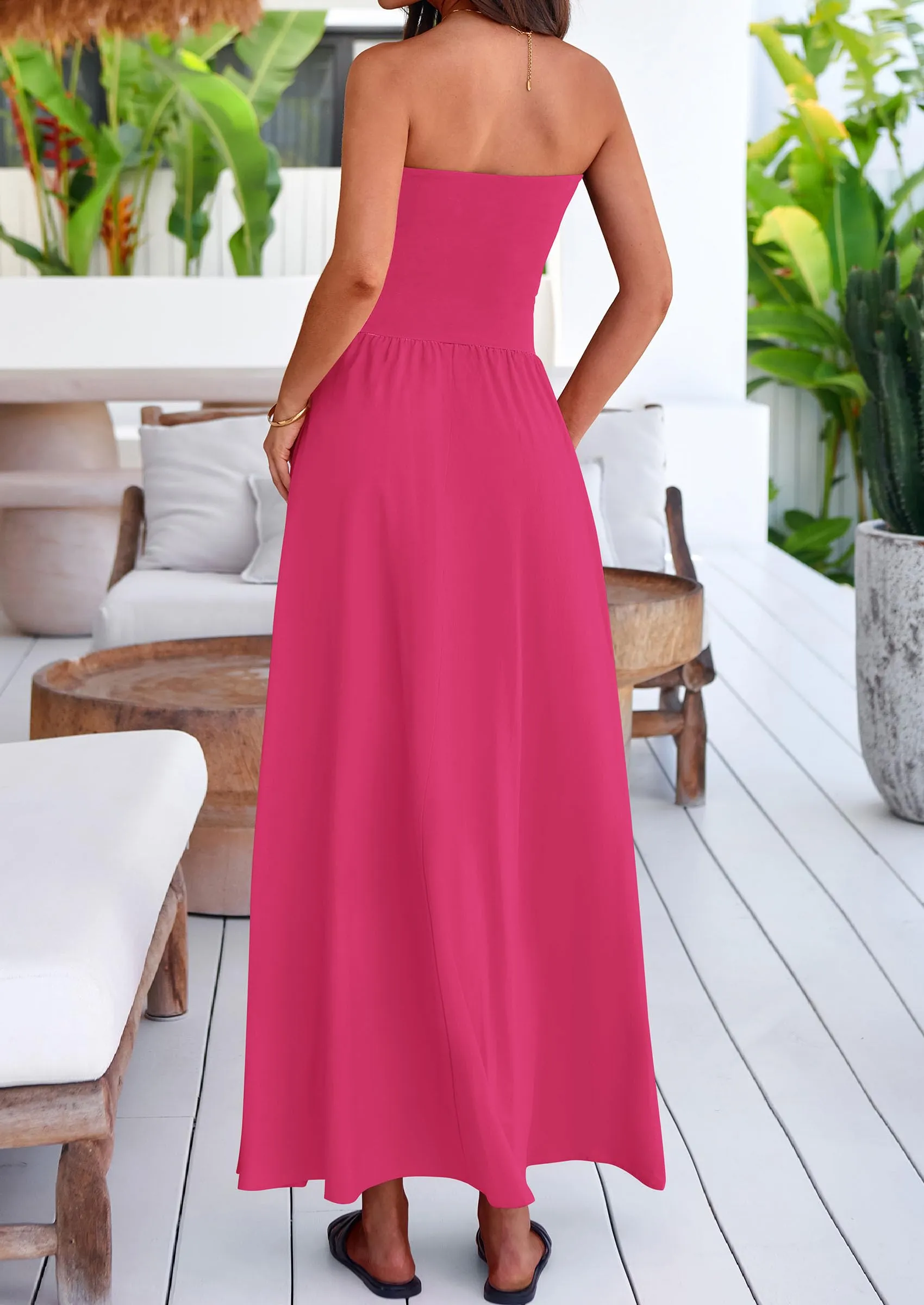 Strapless Patchwork Long Flowy Elegant Tube Top Maxi Dresses with Pockets