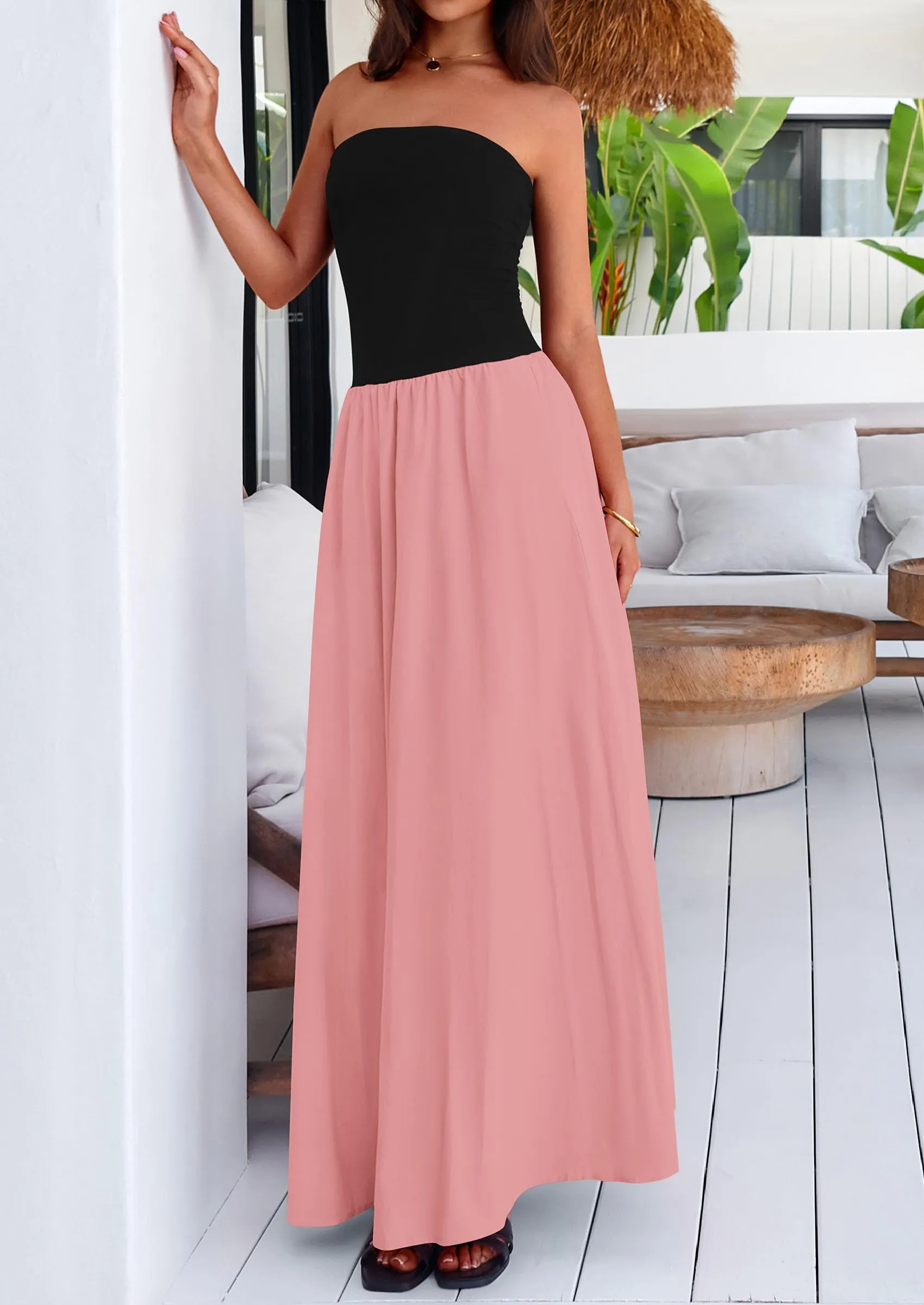 Strapless Patchwork Long Flowy Elegant Tube Top Maxi Dresses with Pockets