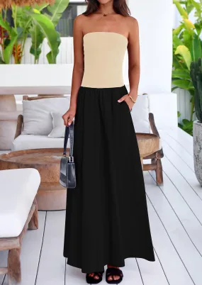 Strapless Patchwork Long Flowy Elegant Tube Top Maxi Dresses with Pockets