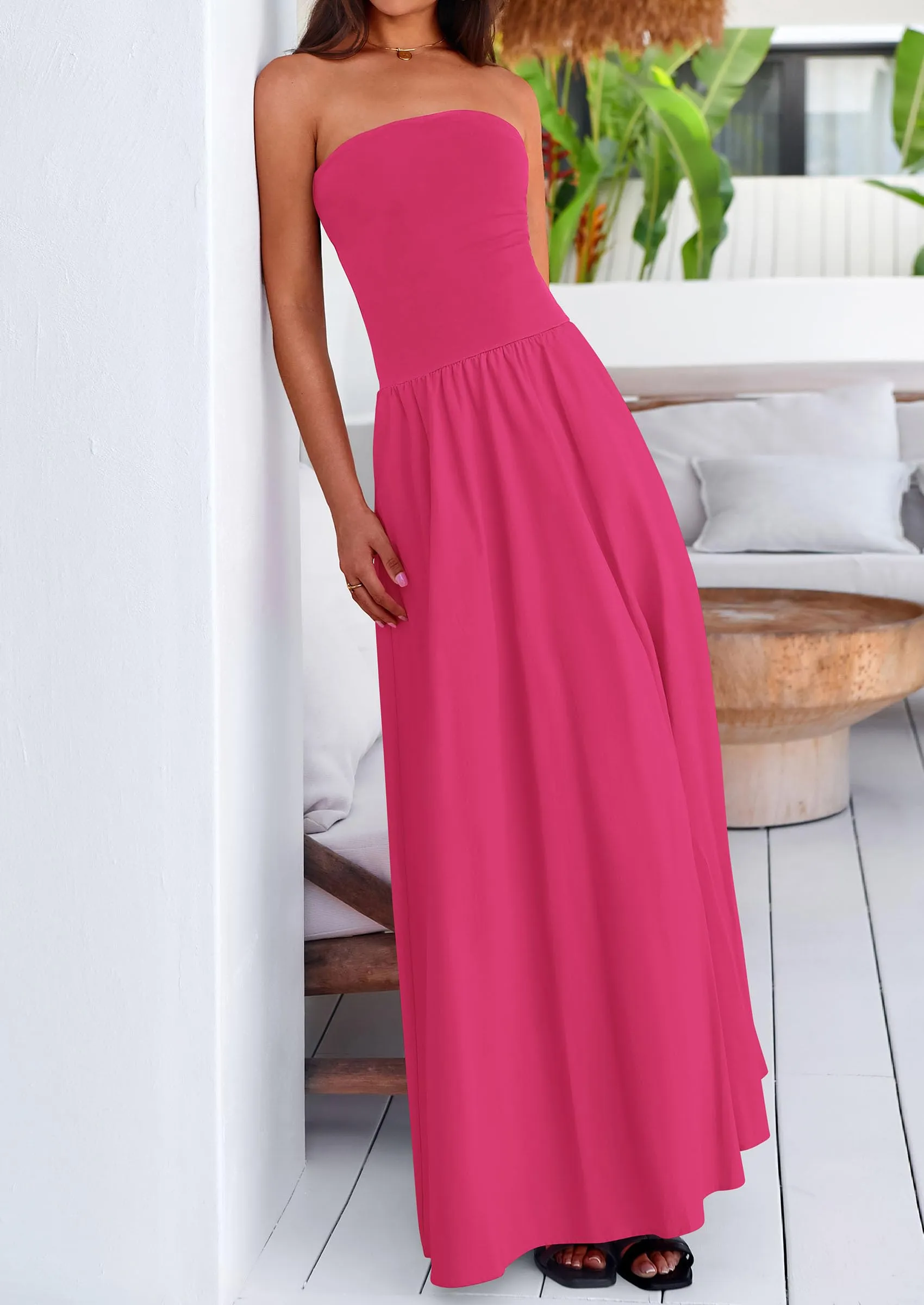 Strapless Patchwork Long Flowy Elegant Tube Top Maxi Dresses with Pockets