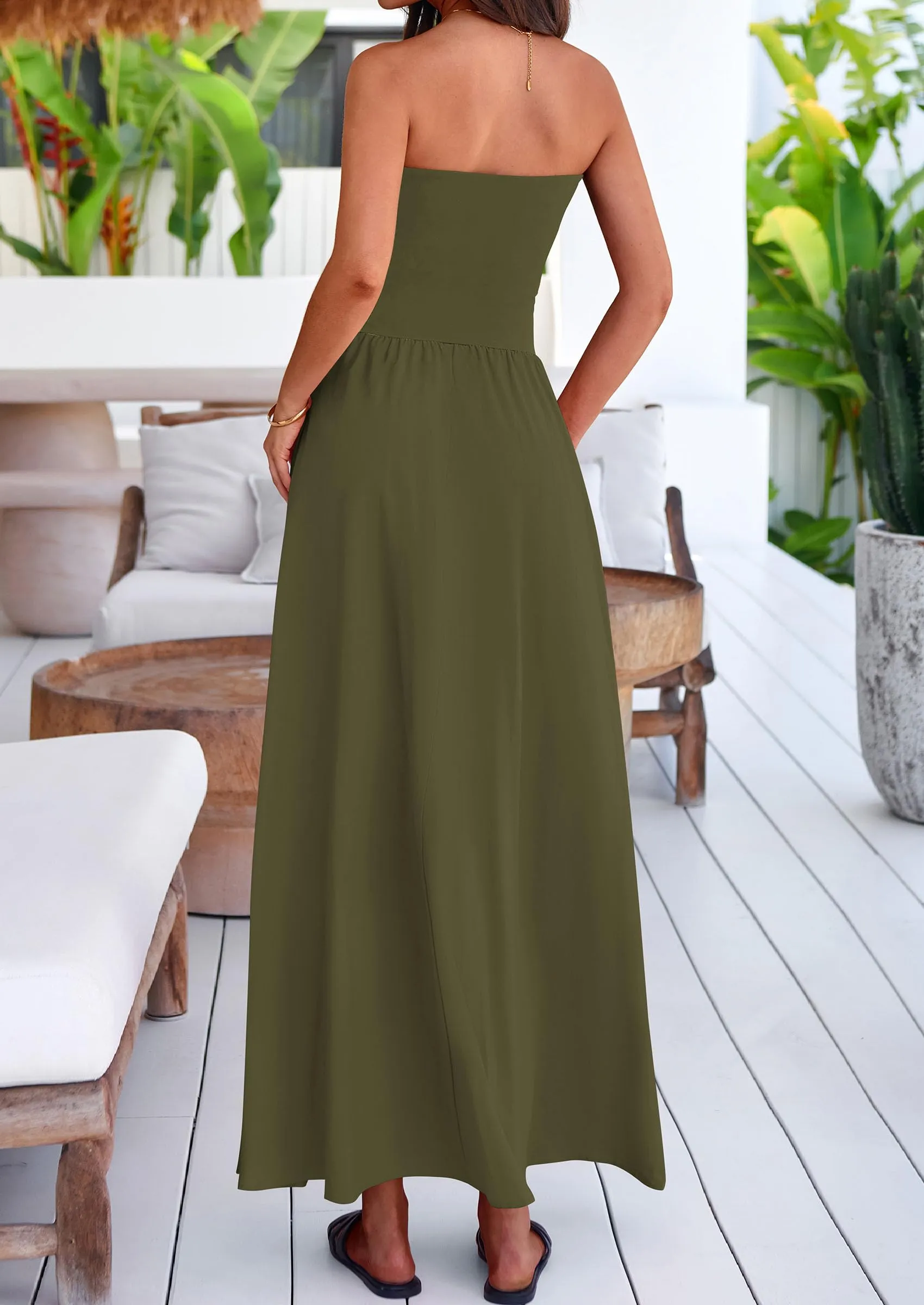 Strapless Patchwork Long Flowy Elegant Tube Top Maxi Dresses with Pockets