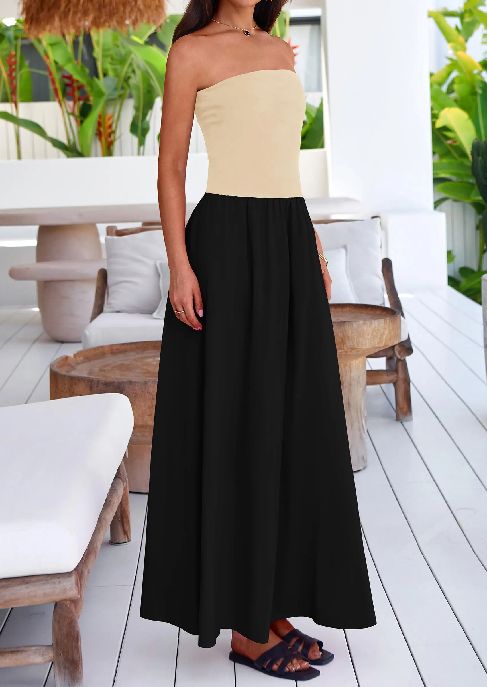 Strapless Patchwork Long Flowy Elegant Tube Top Maxi Dresses with Pockets