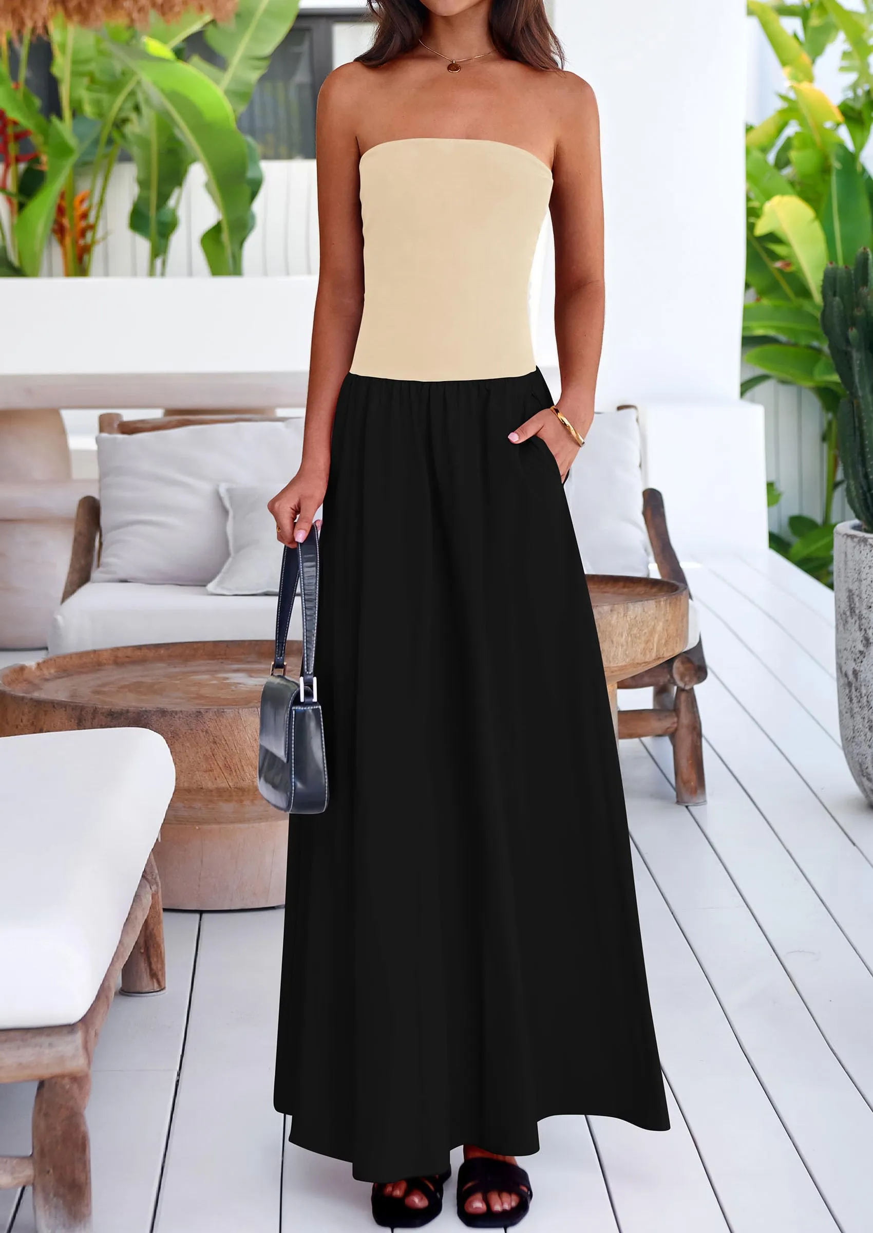 Strapless Patchwork Long Flowy Elegant Tube Top Maxi Dresses with Pockets