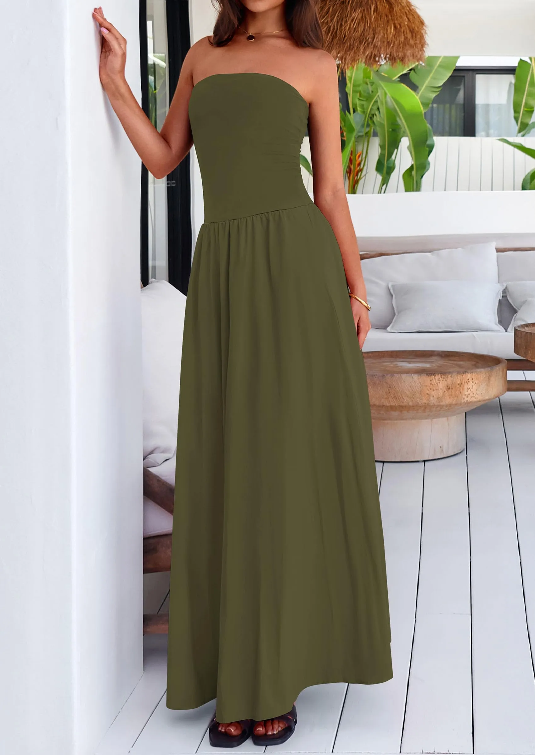 Strapless Patchwork Long Flowy Elegant Tube Top Maxi Dresses with Pockets