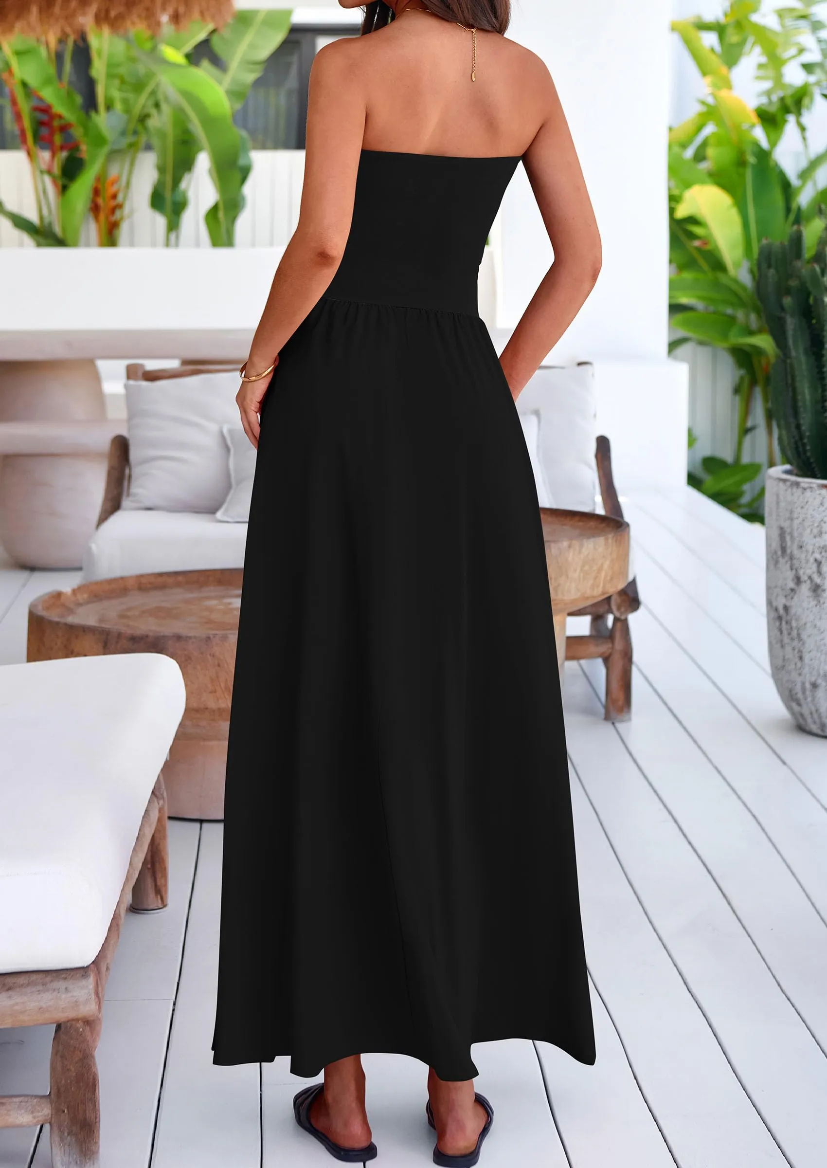 Strapless Patchwork Long Flowy Elegant Tube Top Maxi Dresses with Pockets
