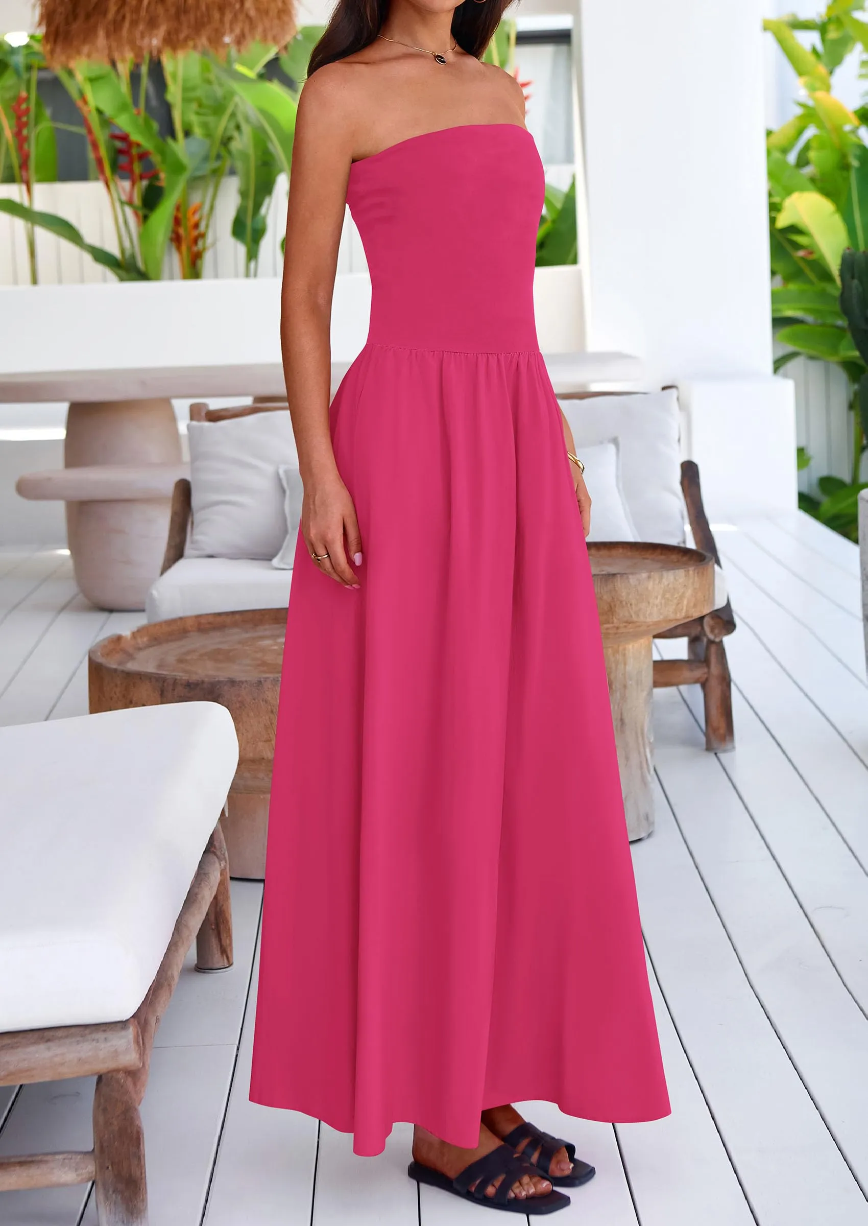 Strapless Patchwork Long Flowy Elegant Tube Top Maxi Dresses with Pockets