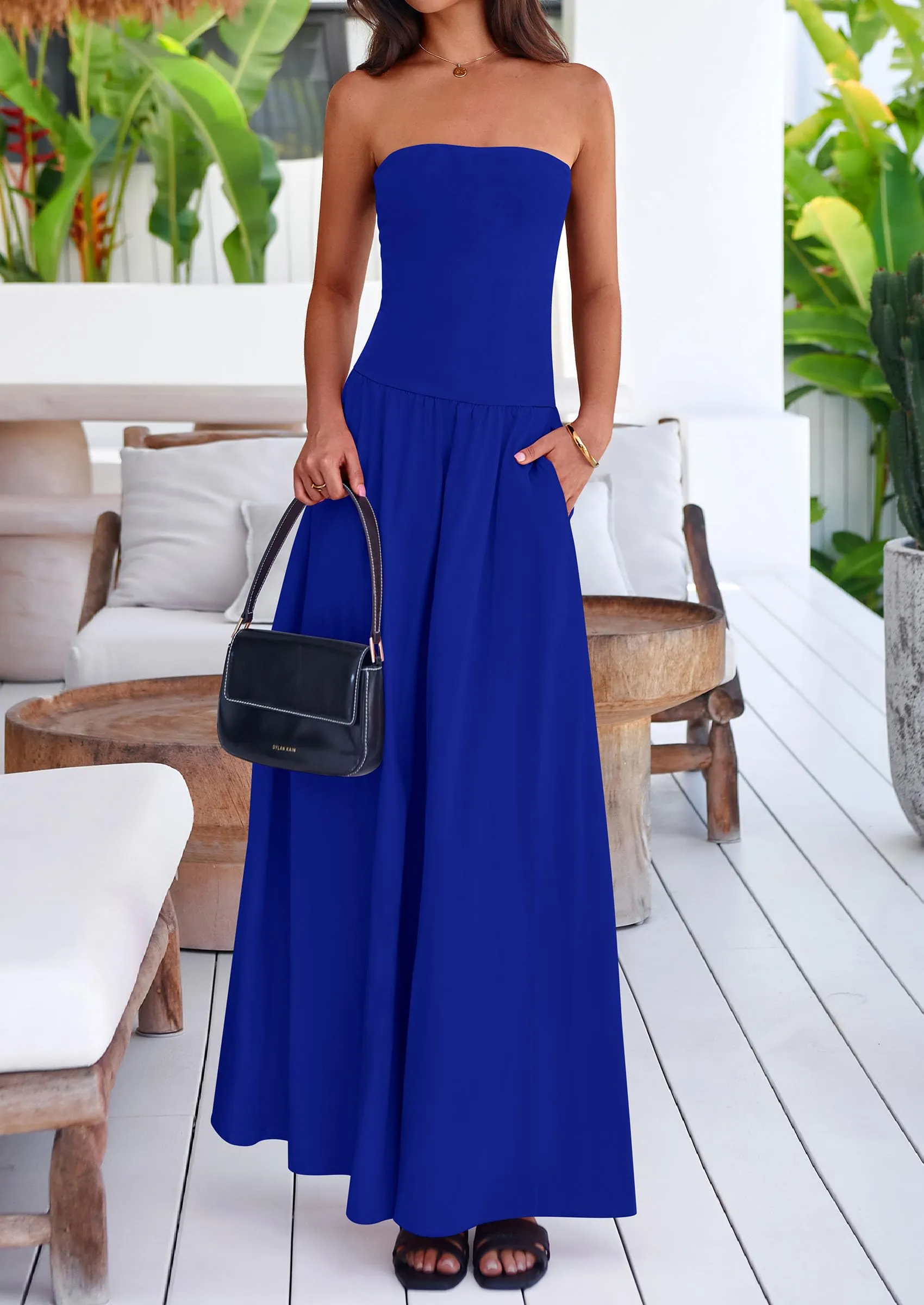 Strapless Patchwork Long Flowy Elegant Tube Top Maxi Dresses with Pockets