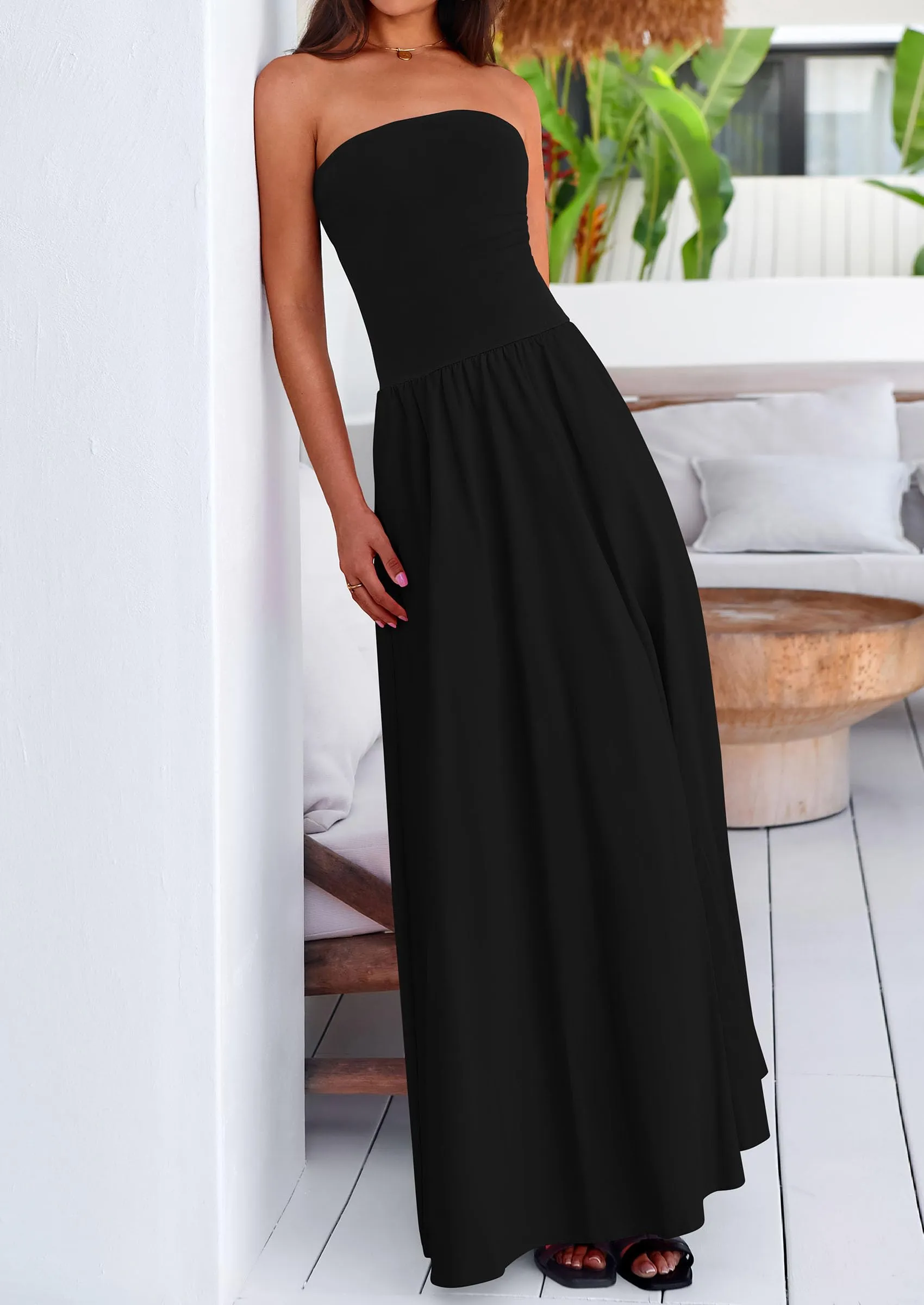 Strapless Patchwork Long Flowy Elegant Tube Top Maxi Dresses with Pockets