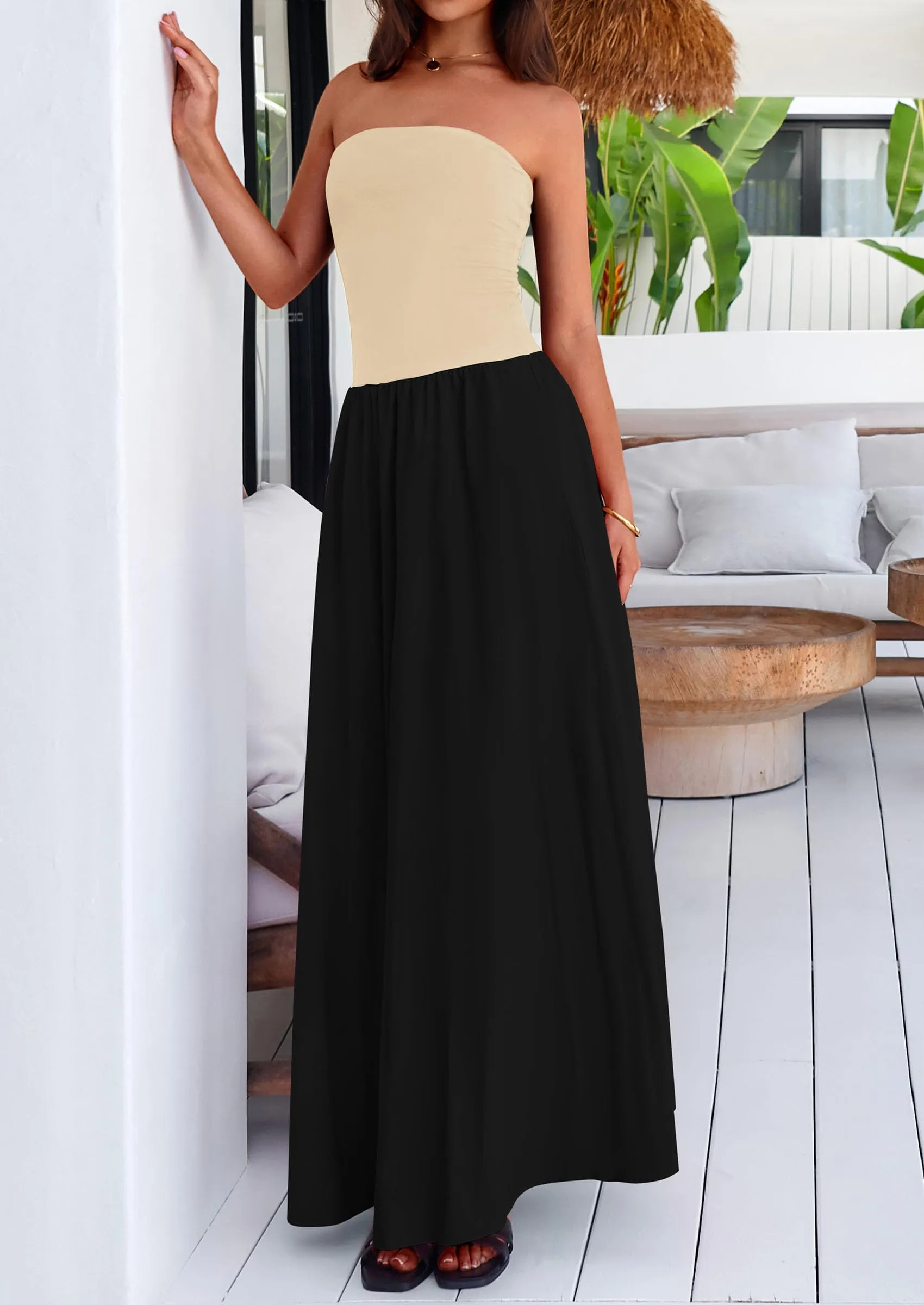 Strapless Patchwork Long Flowy Elegant Tube Top Maxi Dresses with Pockets