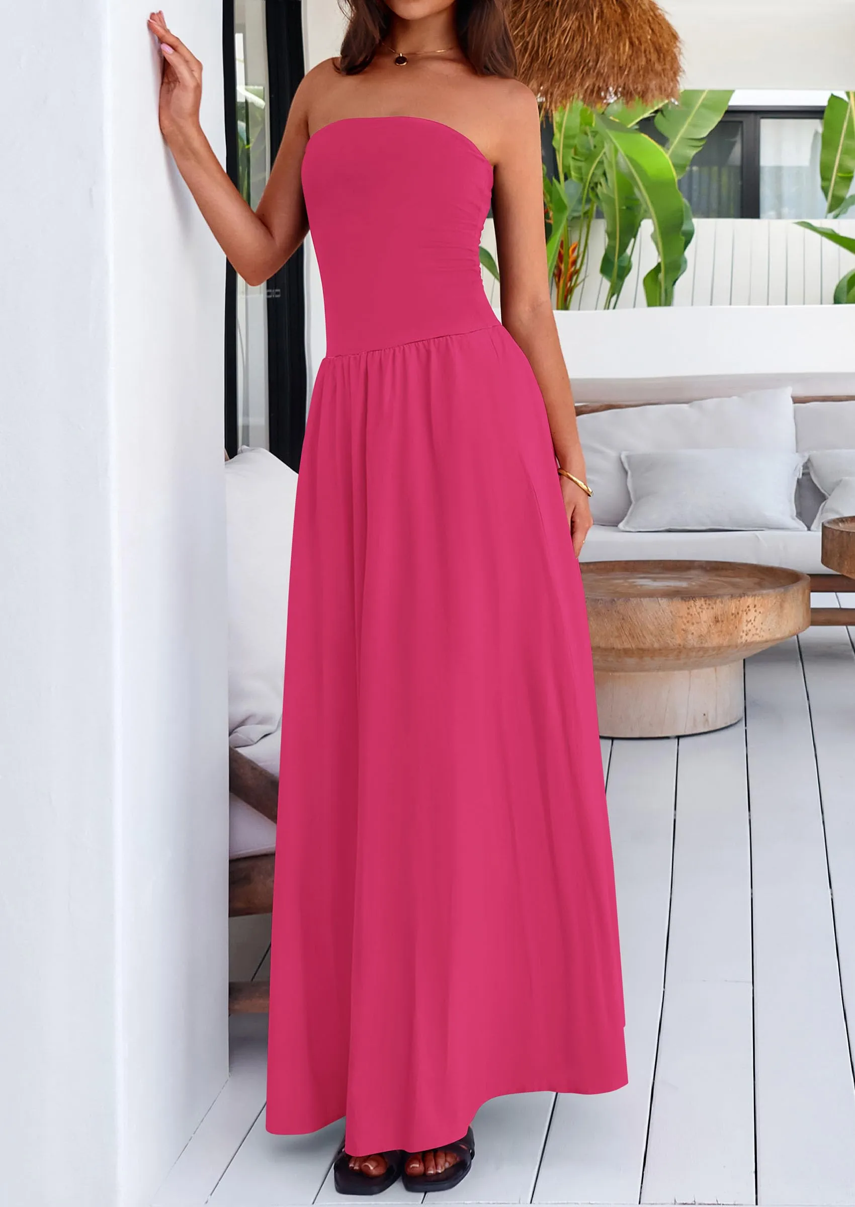 Strapless Patchwork Long Flowy Elegant Tube Top Maxi Dresses with Pockets