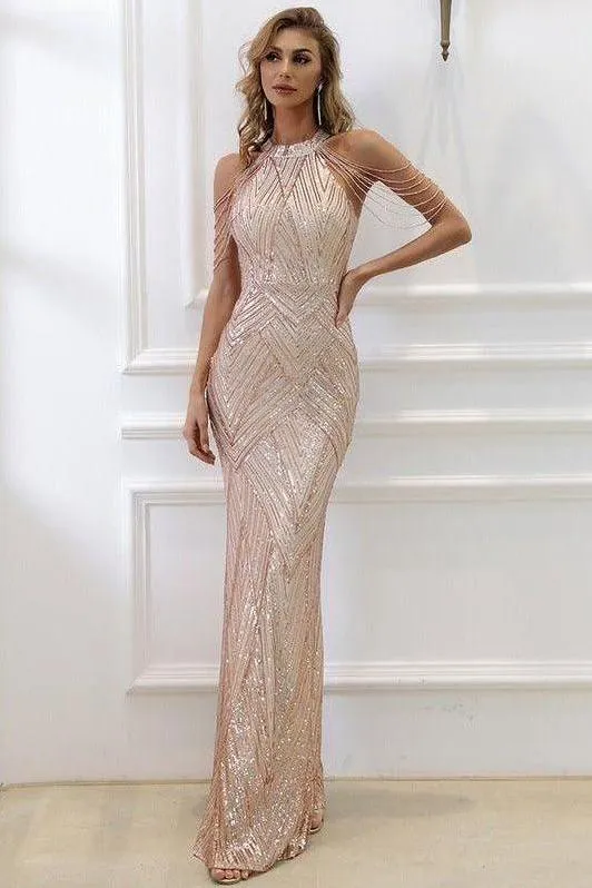 Tassel sequin host fishtail long slim dress