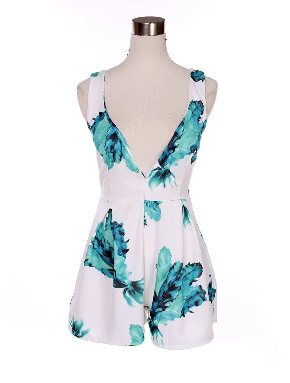 V-neck Backless Print Romper