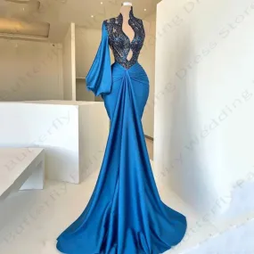 Wjczt Sexy Mermaid Dresses 2024 New Gorgeous Satin Fashion Exquisite Lace Applique Pretty Mopping Evening Dresses For Women Elegant