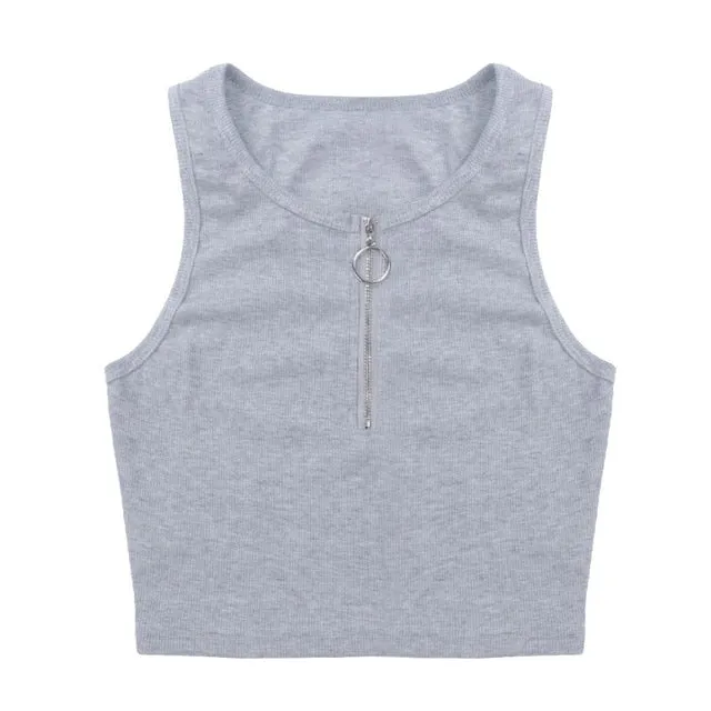 Womens Crop Top Sexy Summer 2021 Casual Tank Tops Vest Sleeveless Zipper Basic T-Shirt Solid Color Tee