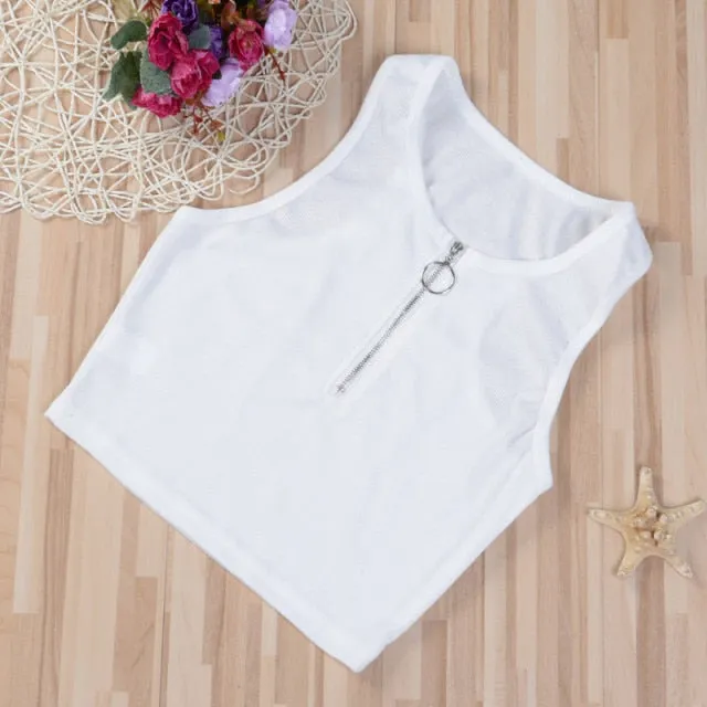 Womens Crop Top Sexy Summer 2021 Casual Tank Tops Vest Sleeveless Zipper Basic T-Shirt Solid Color Tee