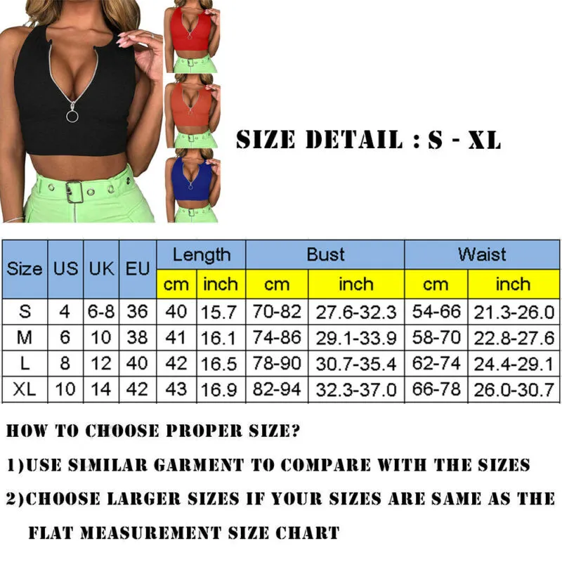 Womens Crop Top Sexy Summer 2021 Casual Tank Tops Vest Sleeveless Zipper Basic T-Shirt Solid Color Tee