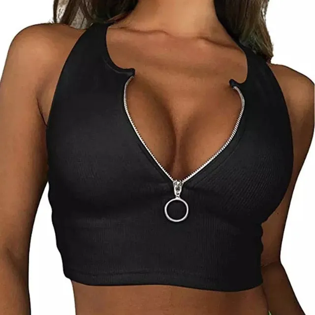 Womens Crop Top Sexy Summer 2021 Casual Tank Tops Vest Sleeveless Zipper Basic T-Shirt Solid Color Tee