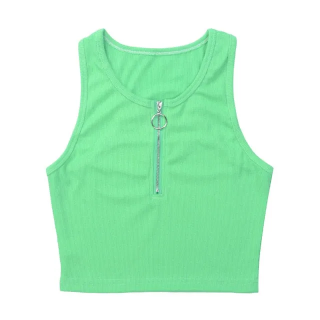 Womens Crop Top Sexy Summer 2021 Casual Tank Tops Vest Sleeveless Zipper Basic T-Shirt Solid Color Tee