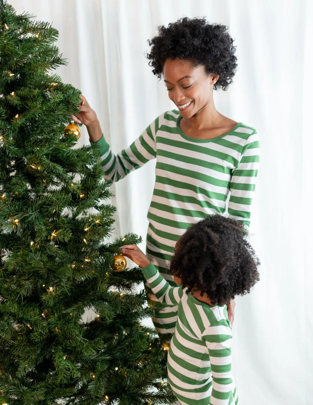 Women's Green & White Stripes Cotton Pajamas