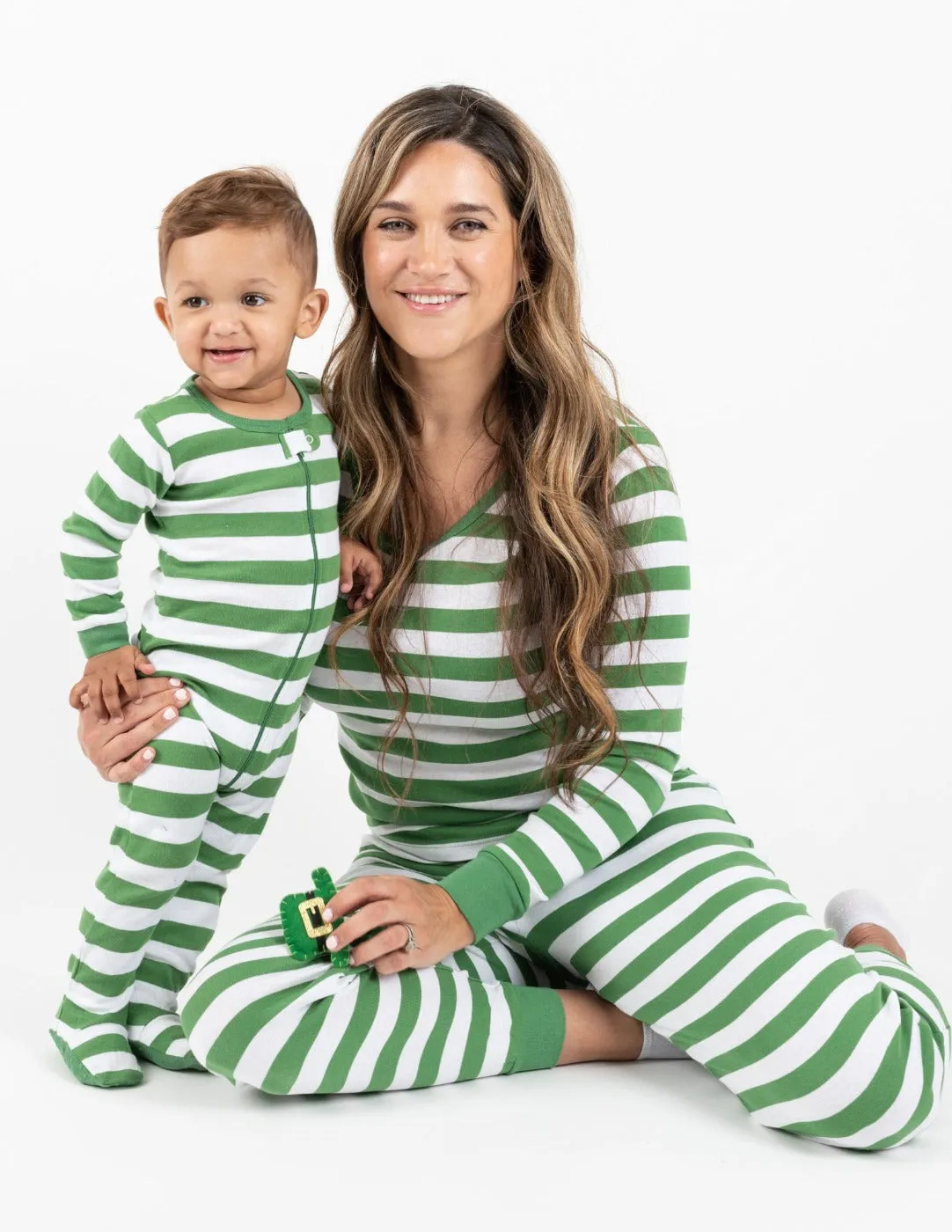 Women's Green & White Stripes Cotton Pajamas