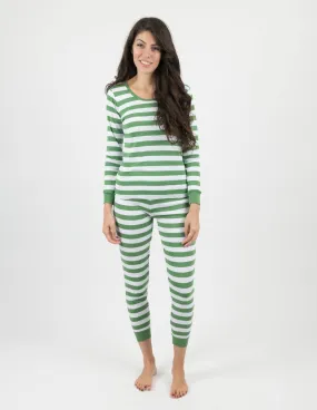 Women's Green & White Stripes Cotton Pajamas